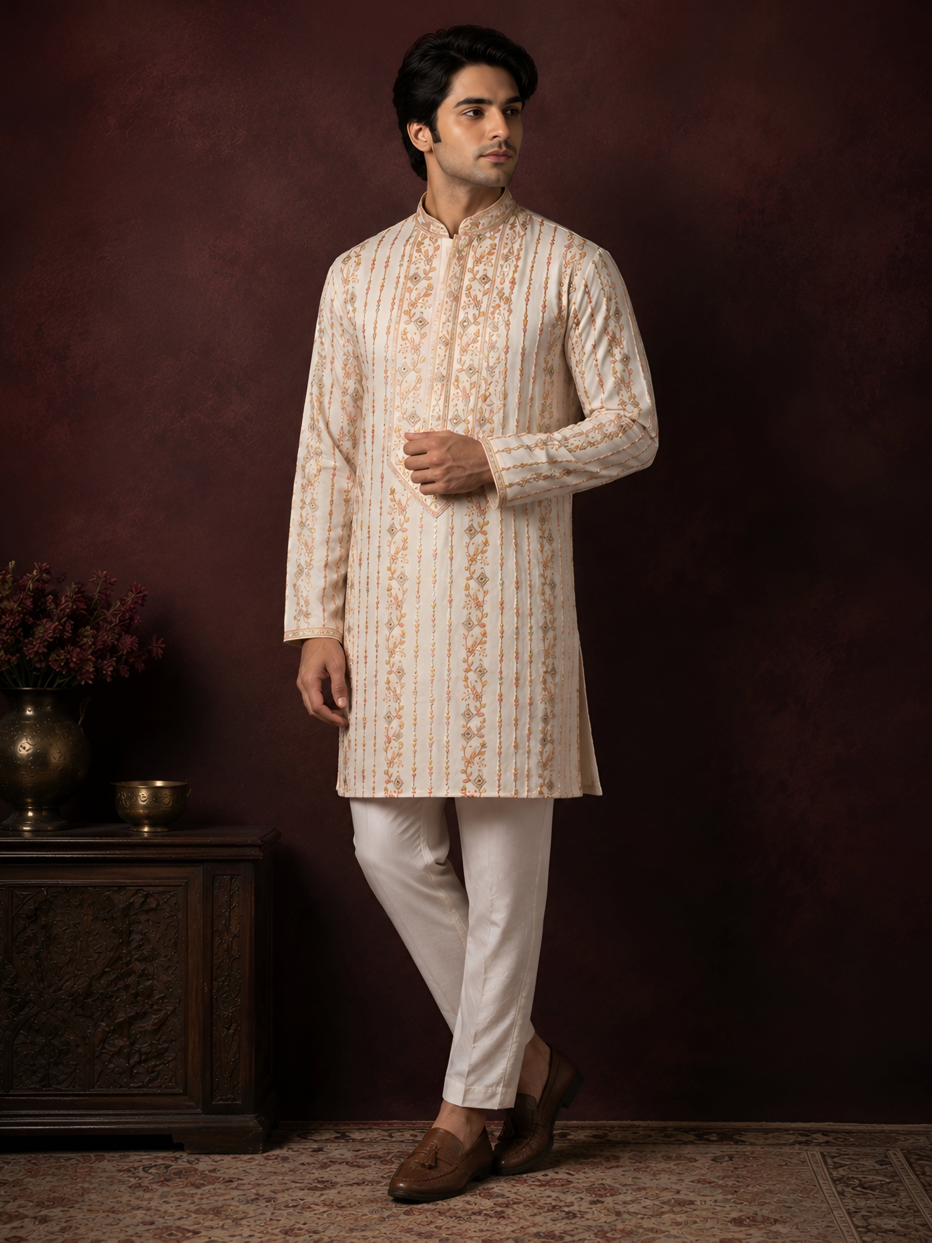 Ivory Resham Embroidered Mirror Work Kurta Set for Men