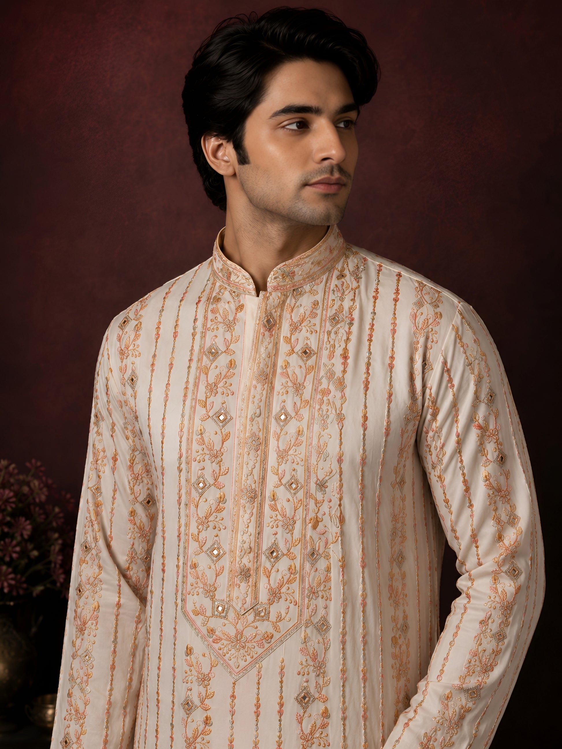 Ivory Resham Embroidered Mirror Work Kurta Set for Men