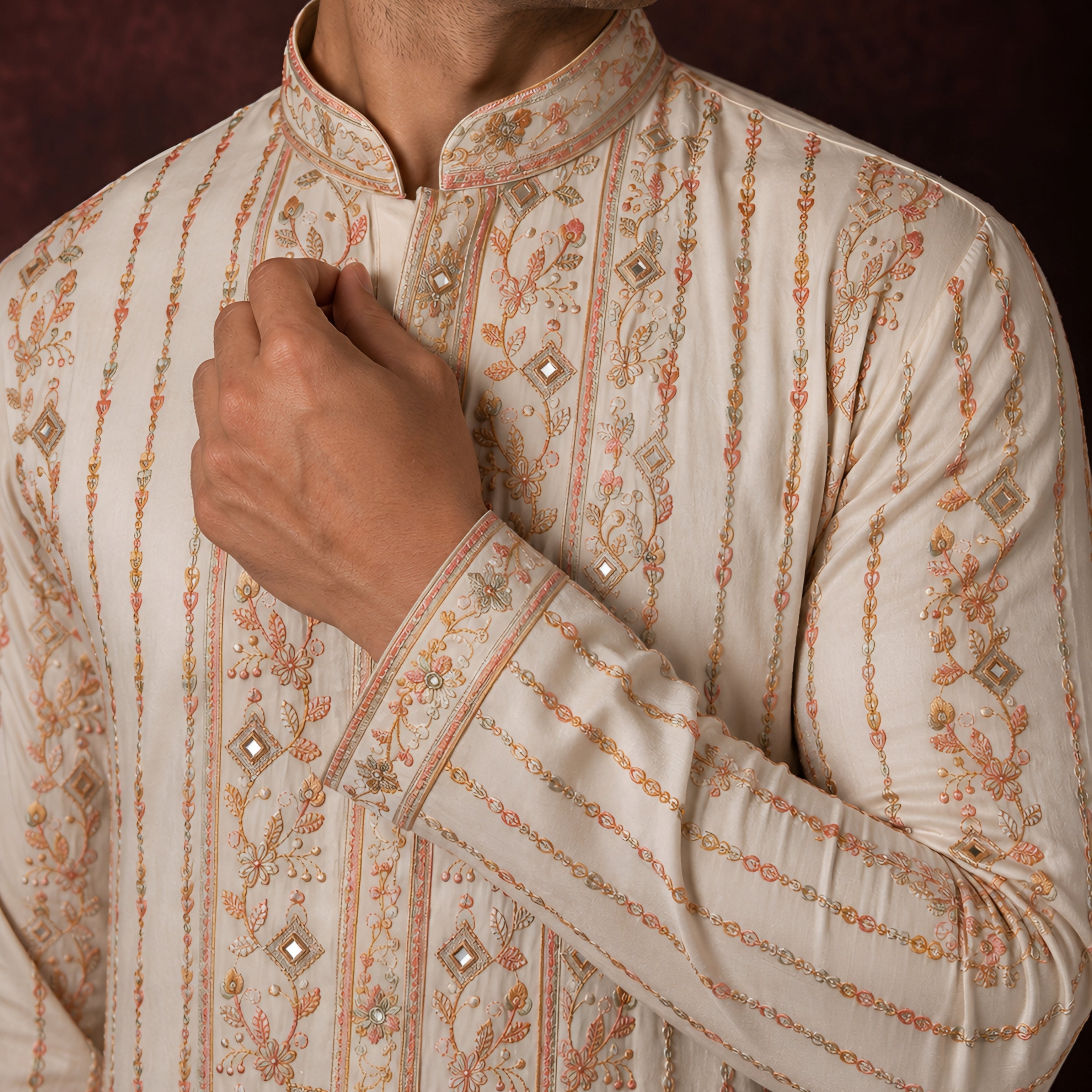 Ivory Resham Embroidered Mirror Work Kurta Set for Men