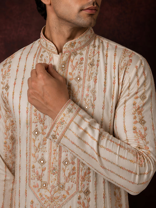 Ivory Resham Embroidered Mirror Work Kurta Set for Men