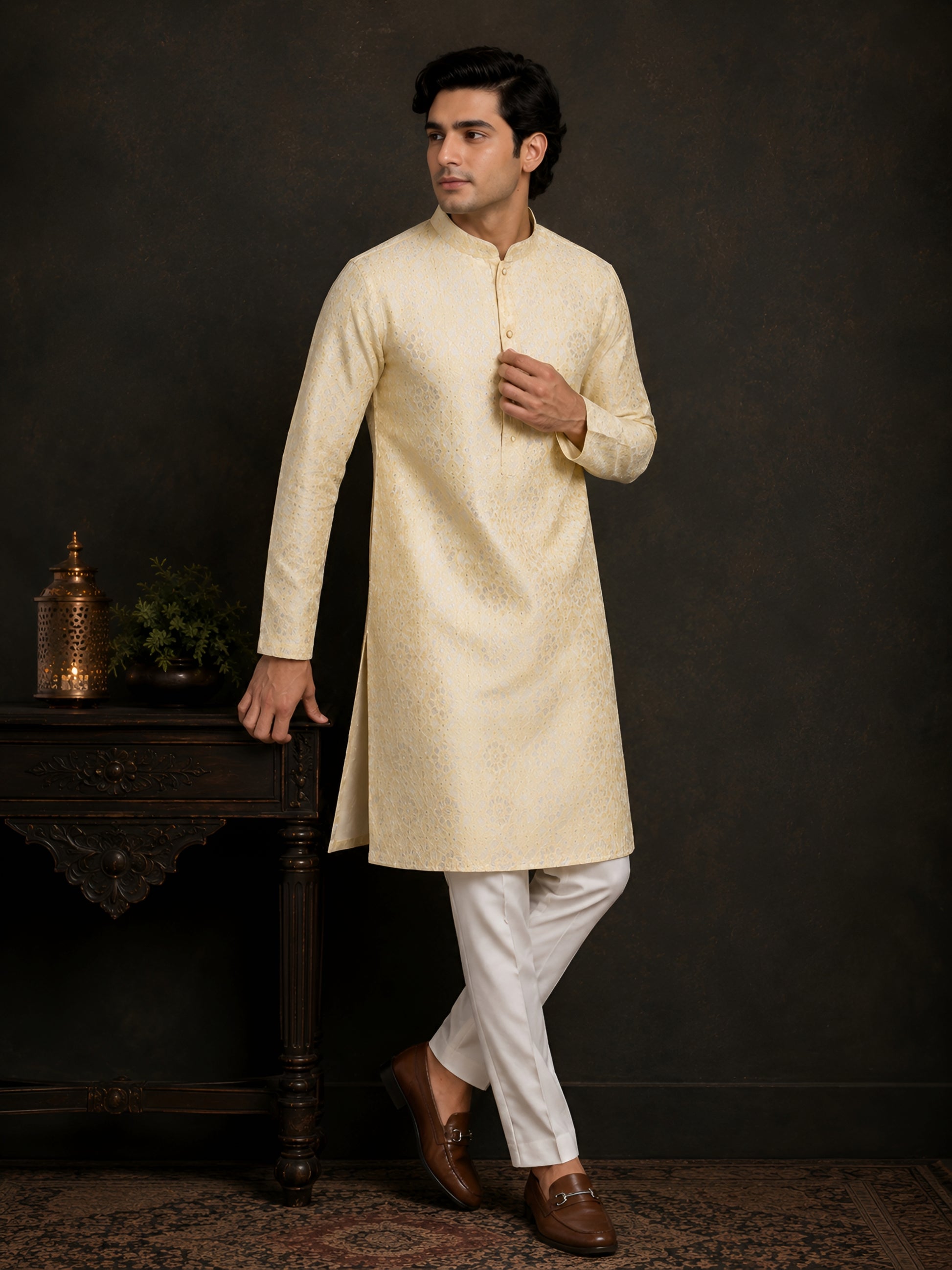 LIME JACQUARD SILK MID-LENGTH KURTA