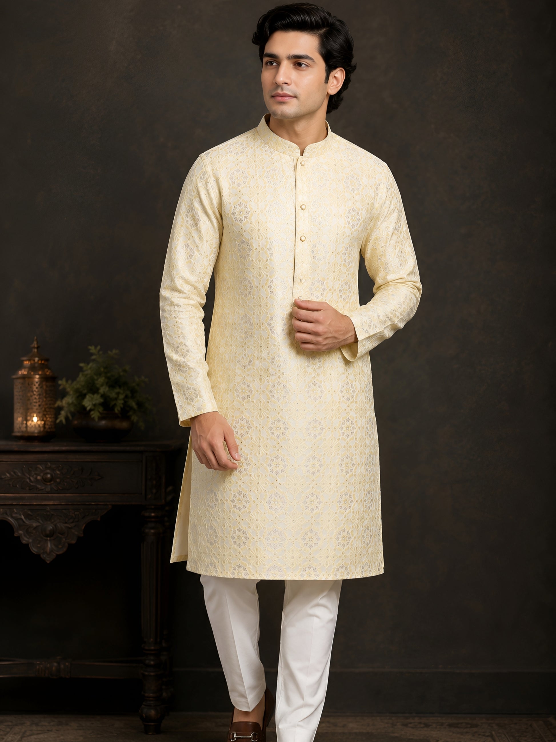 LIME JACQUARD SILK MID-LENGTH KURTA