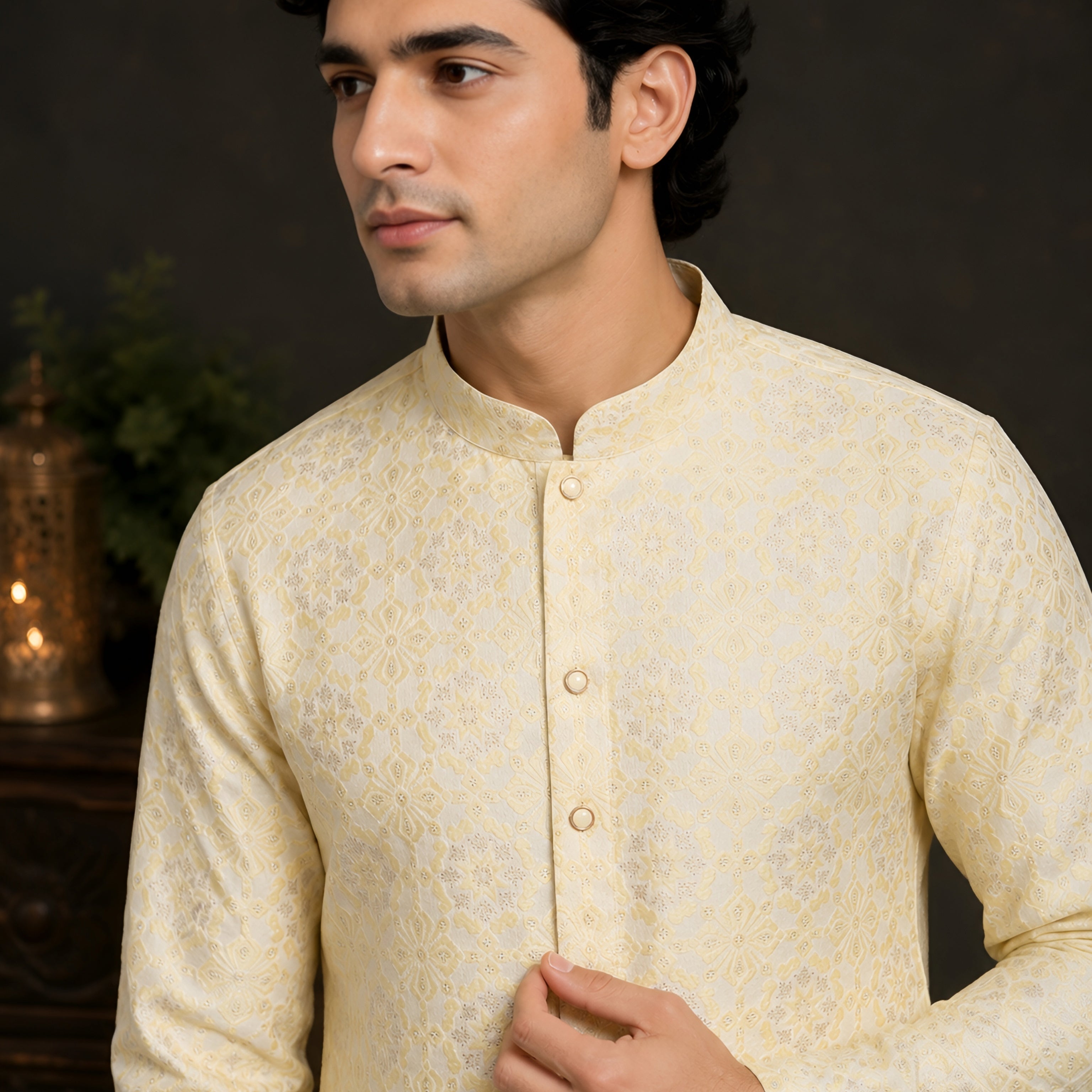 LIME JACQUARD SILK MID-LENGTH KURTA