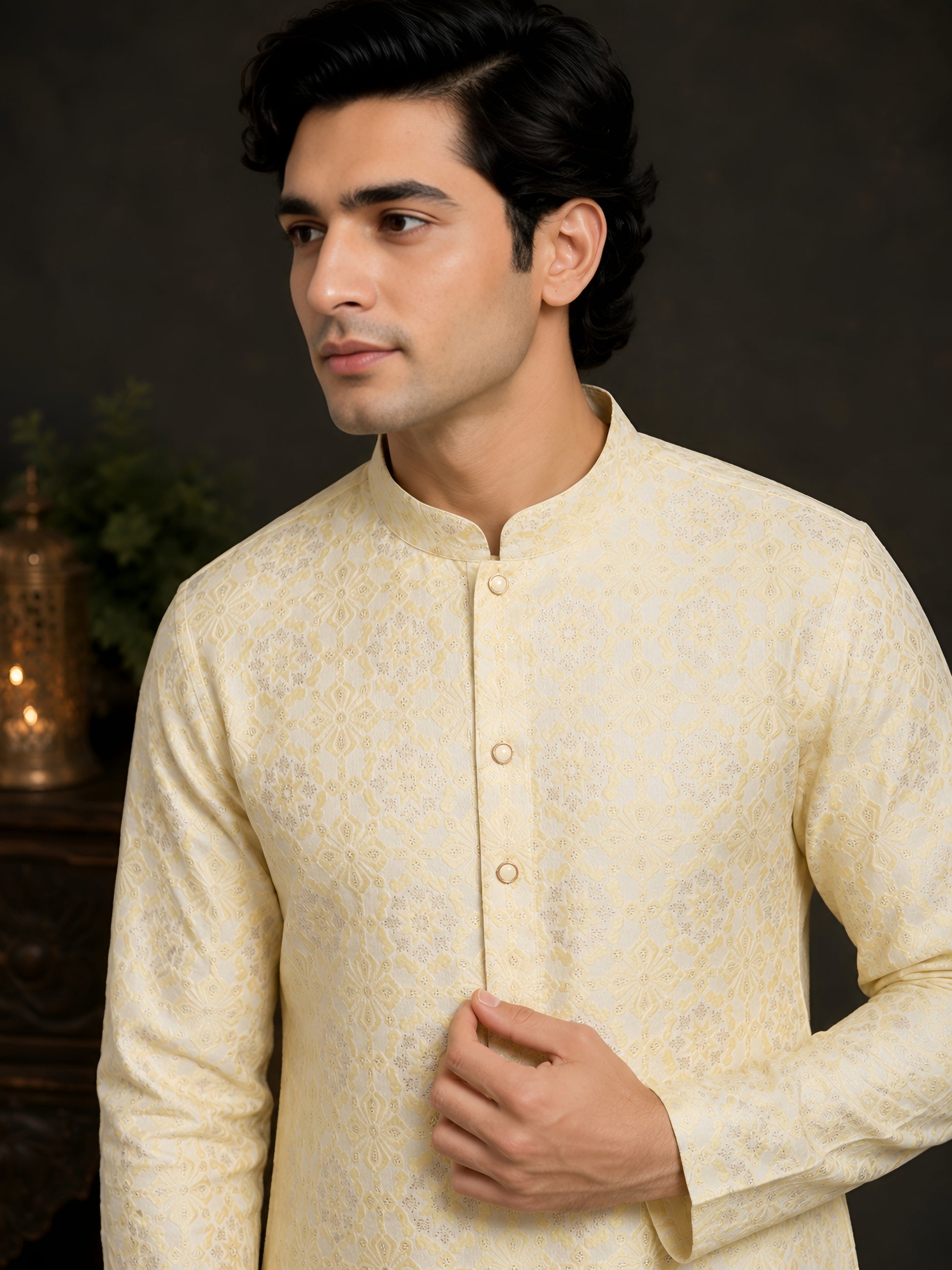 LIME JACQUARD SILK MID-LENGTH KURTA