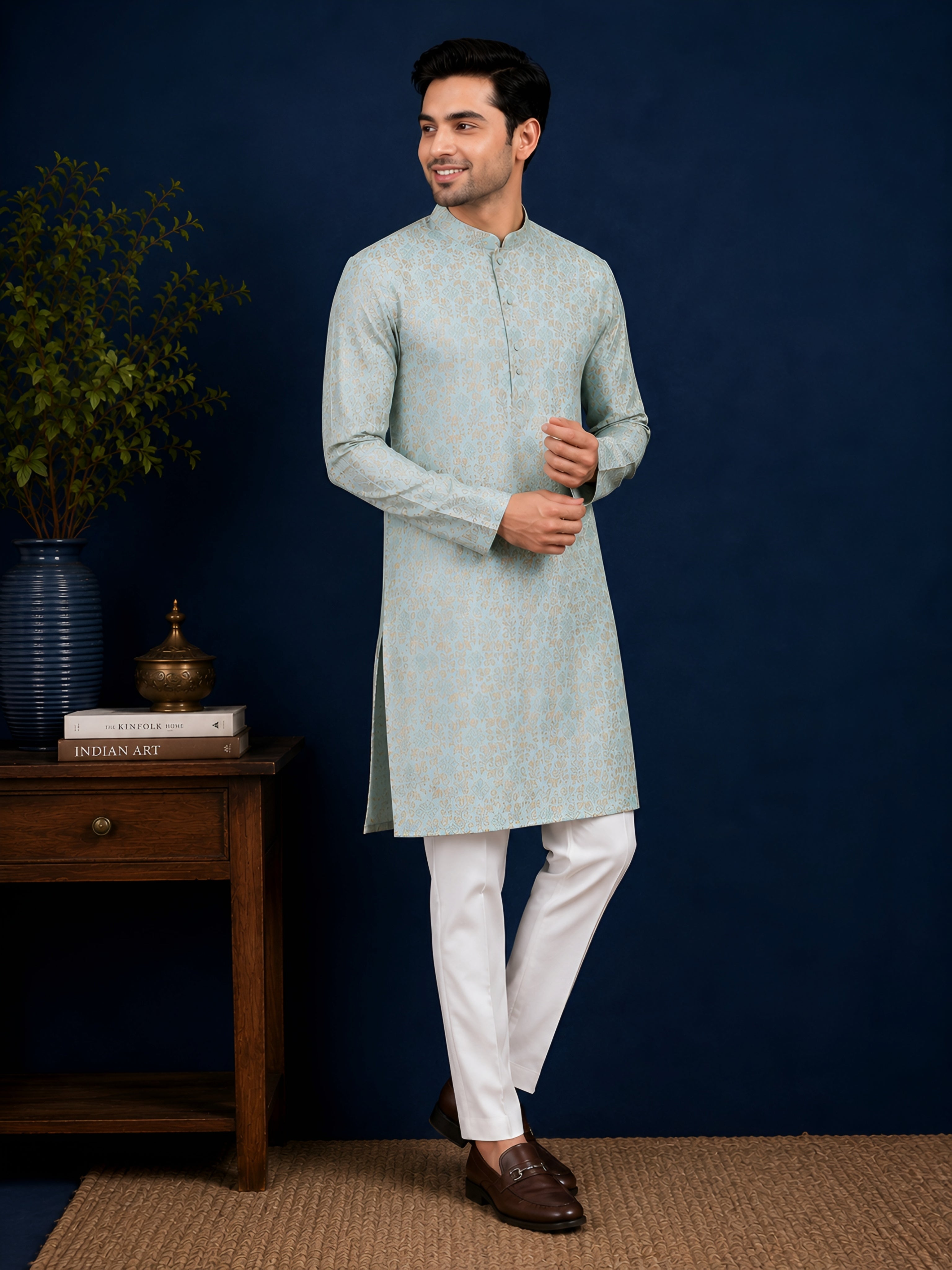 SKY BLUE BROCADE SILK KURTA FOR MEN