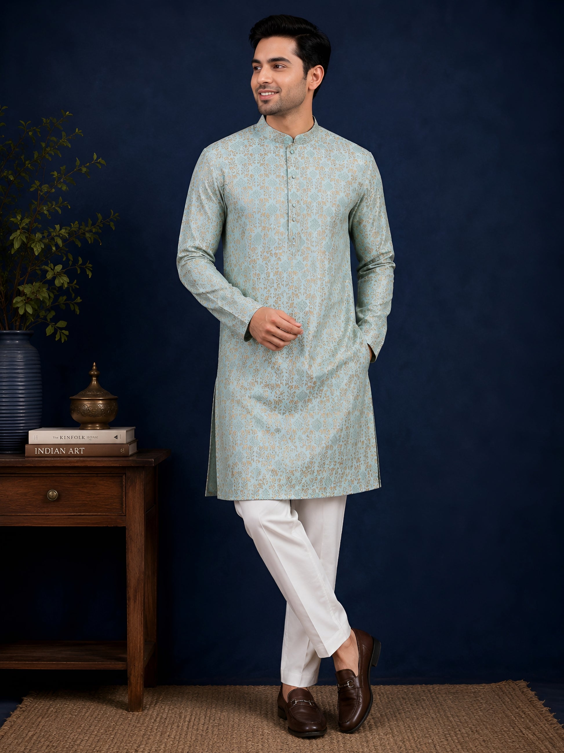 SKY BLUE BROCADE SILK KURTA FOR MEN