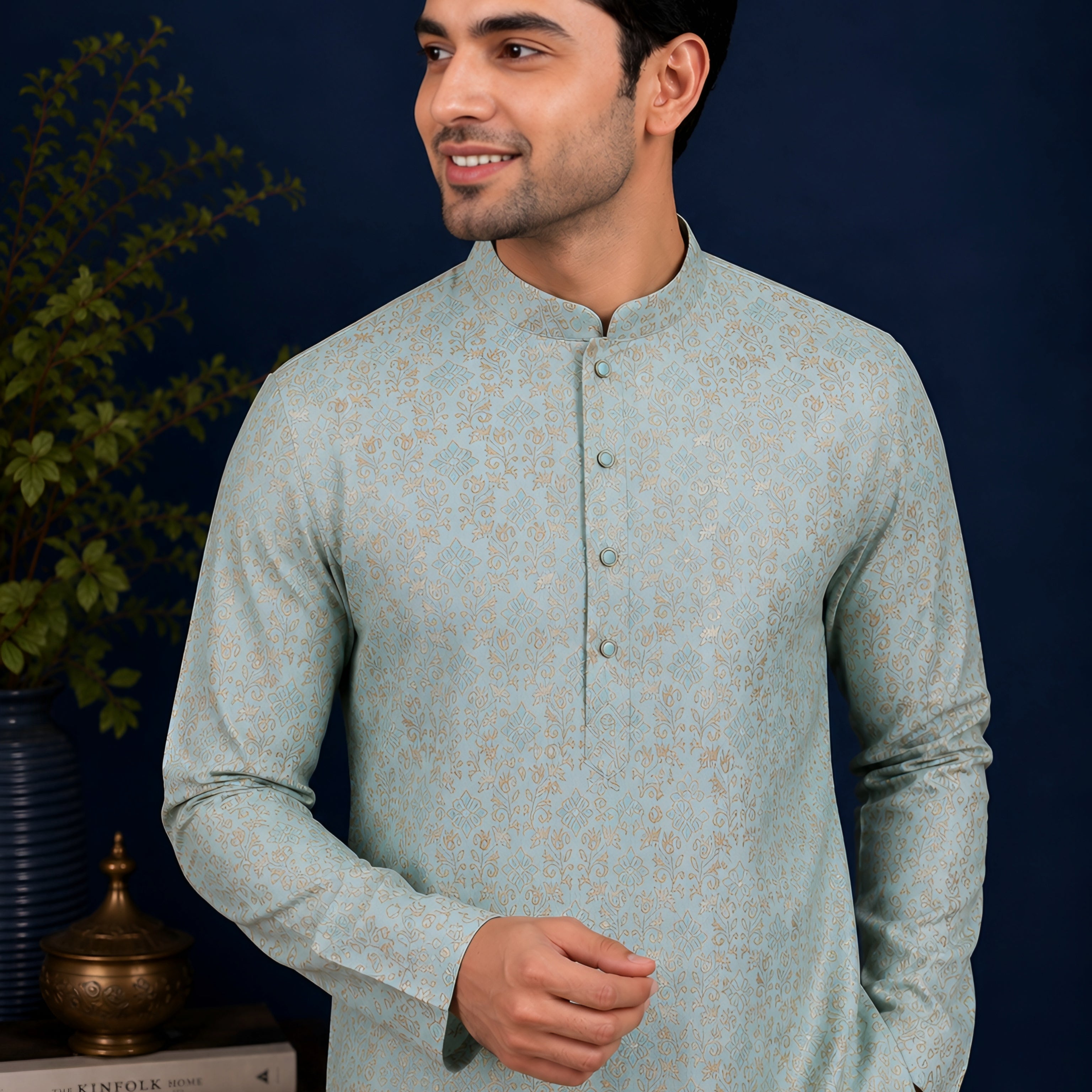 SKY BLUE BROCADE SILK KURTA FOR MEN
