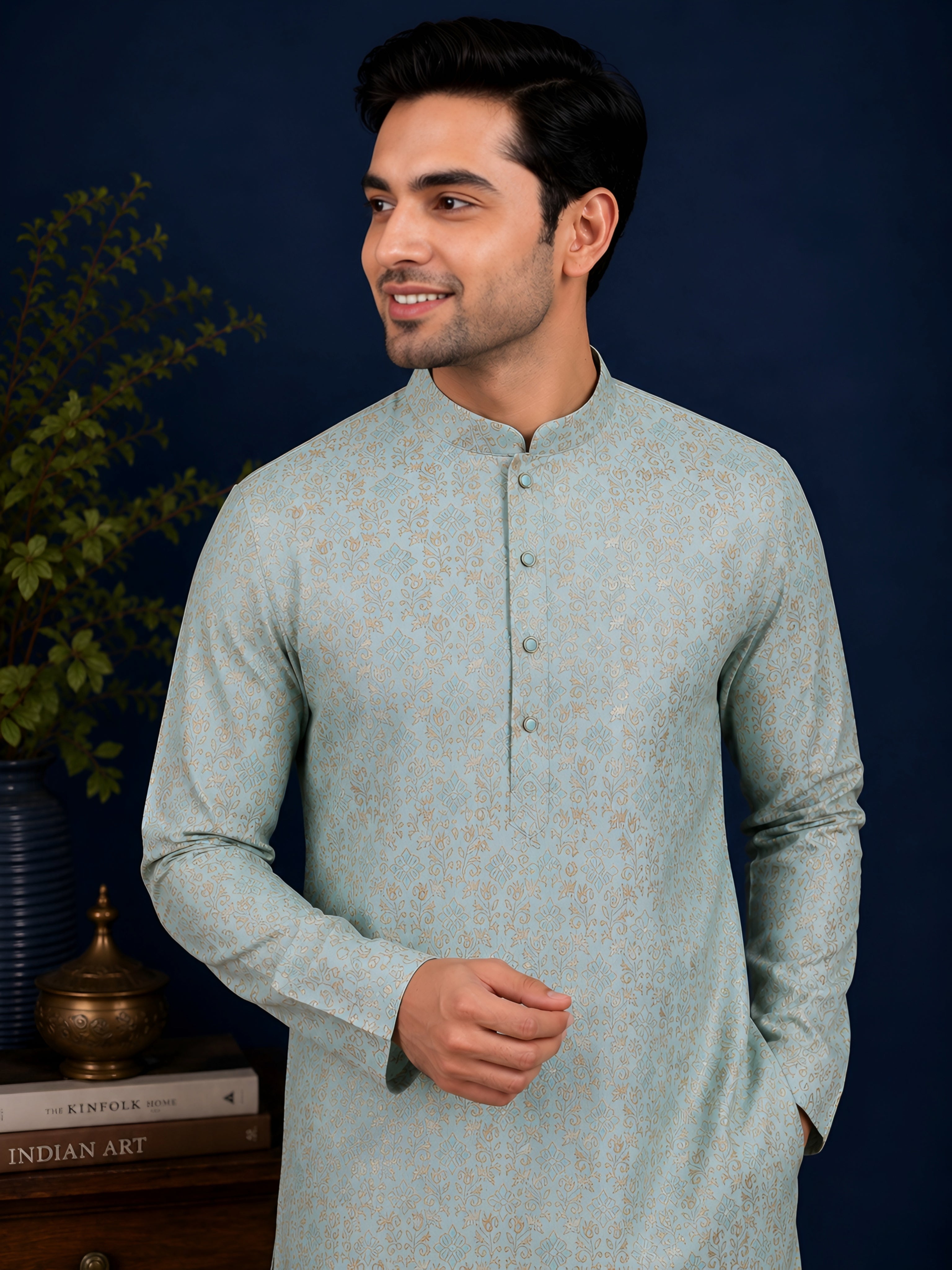 SKY BLUE BROCADE SILK KURTA FOR MEN