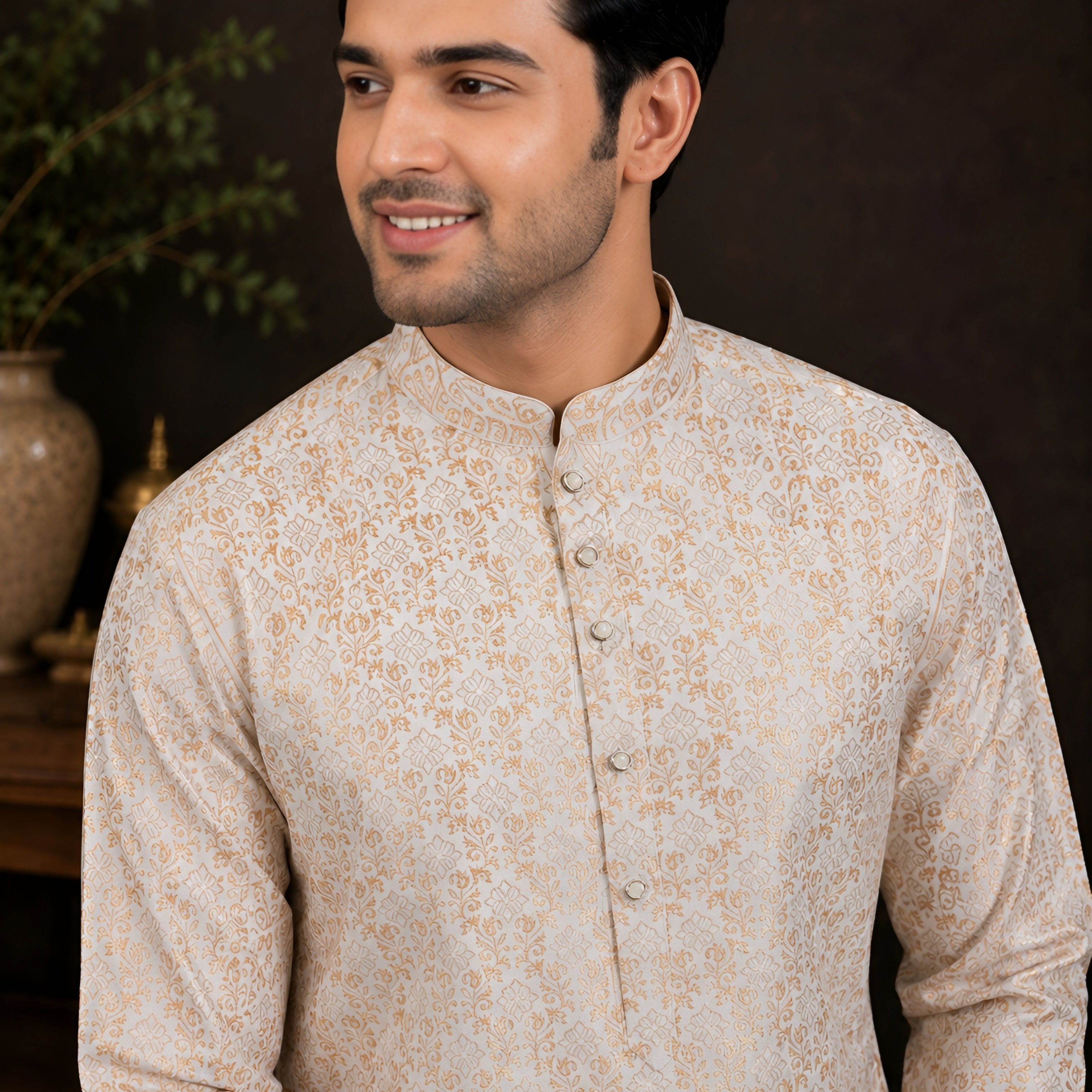 CREAM BROCADE SILK KURTA FOR MEN