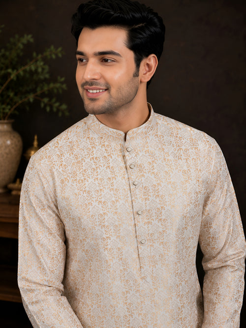 CREAM BROCADE SILK KURTA FOR MEN