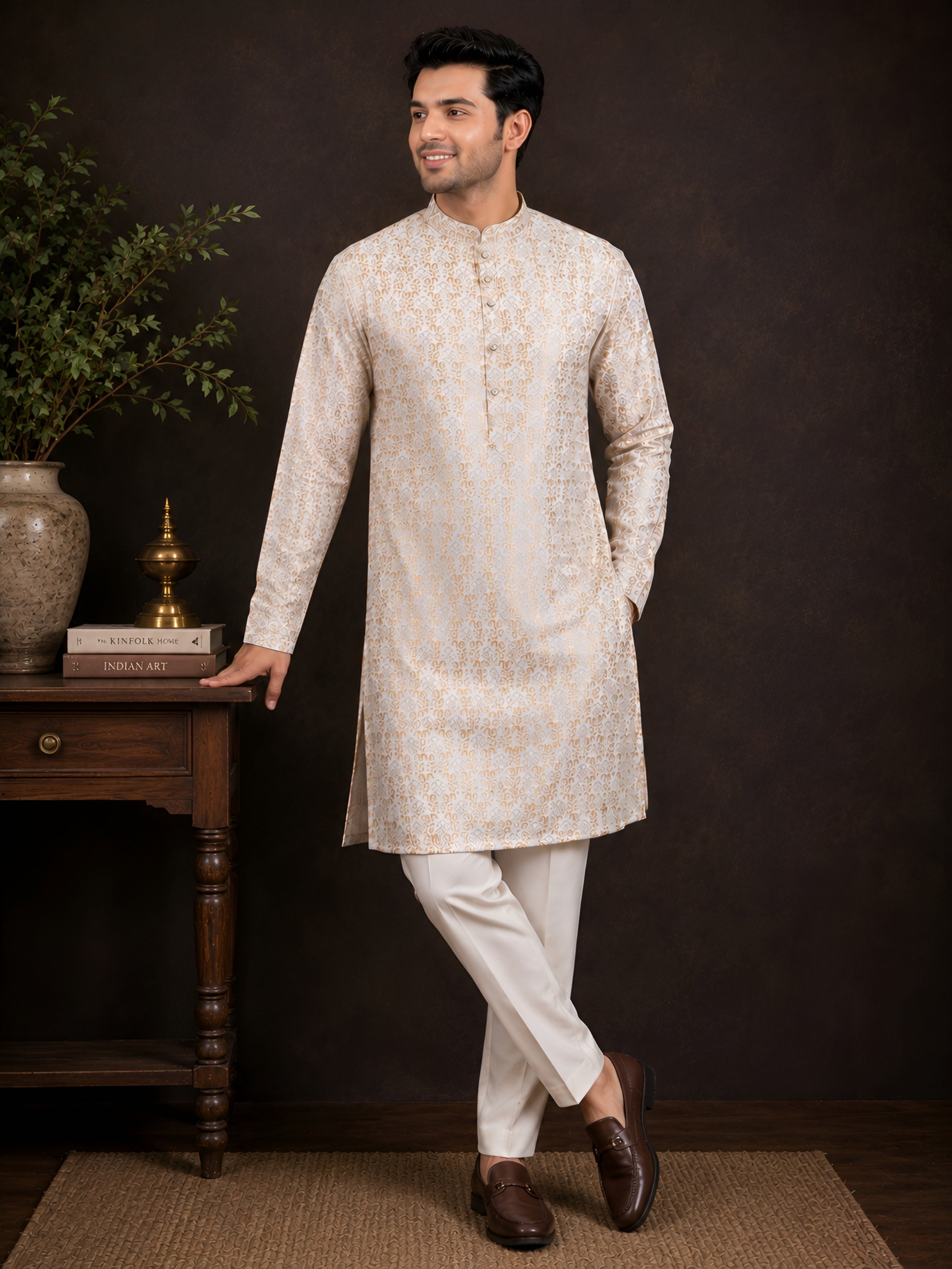 CREAM BROCADE SILK KURTA FOR MEN