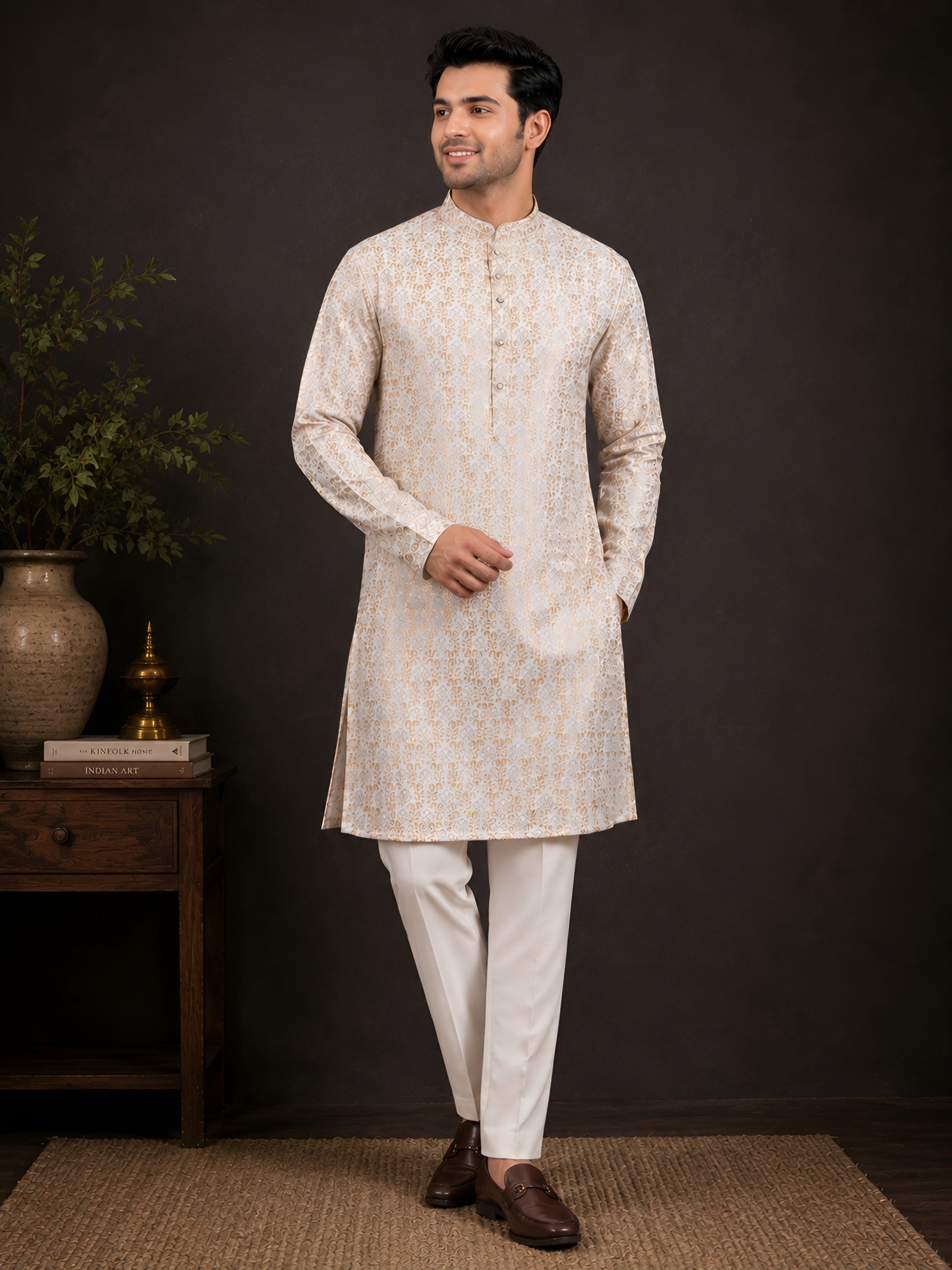CREAM BROCADE SILK KURTA FOR MEN