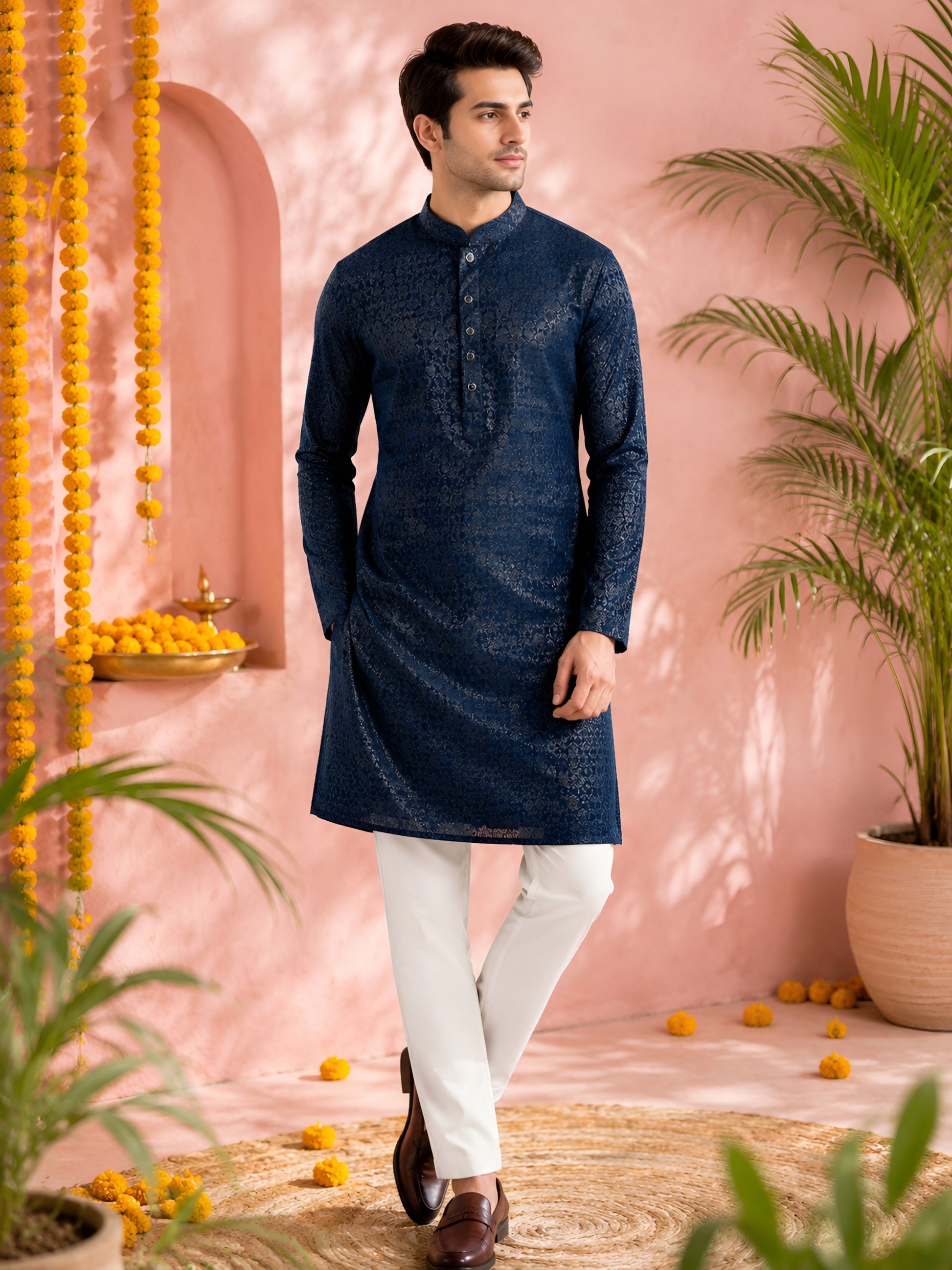 NAVY BLUE JACQUARD SILK MID-LENGTH KURTA