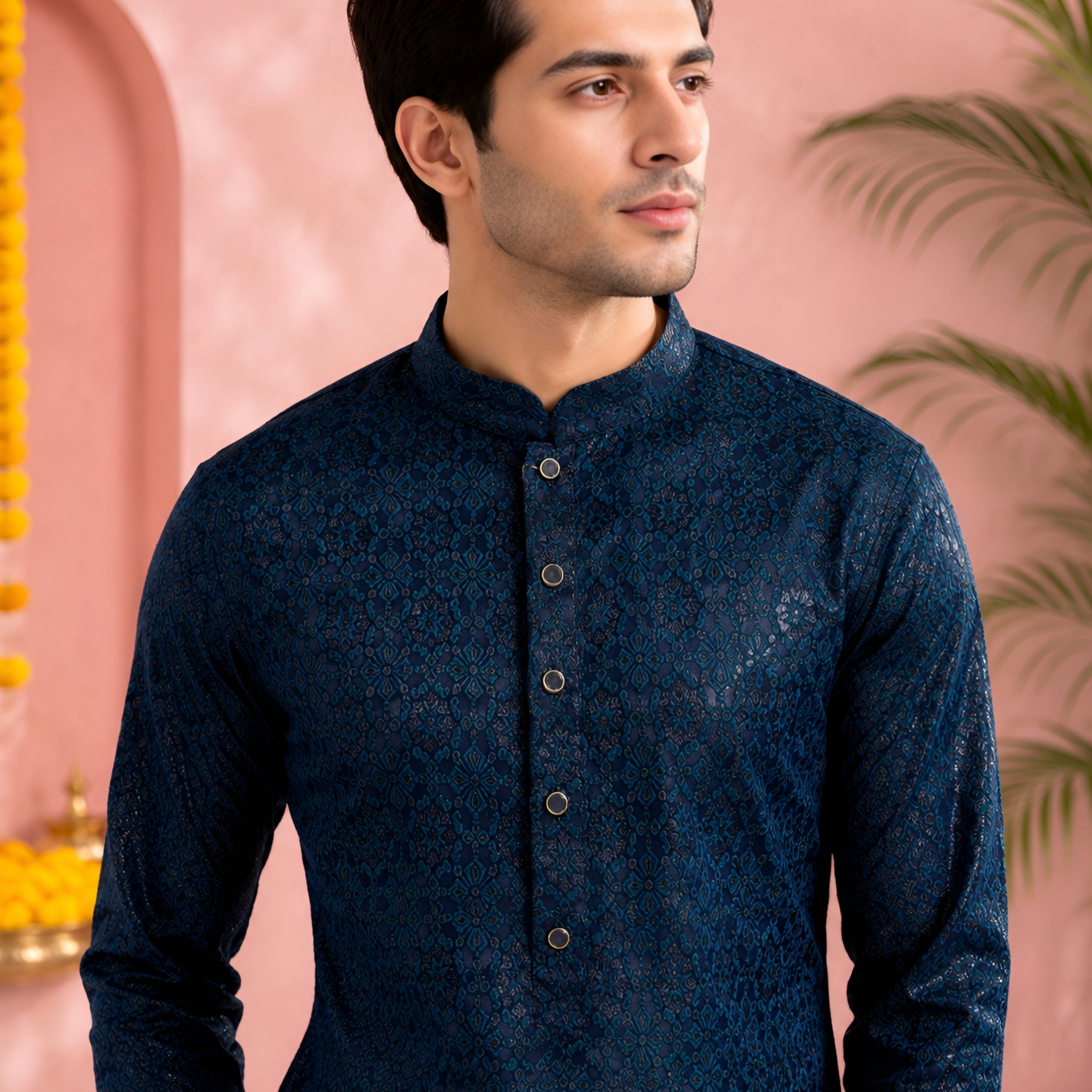 NAVY BLUE JACQUARD SILK MID-LENGTH KURTA
