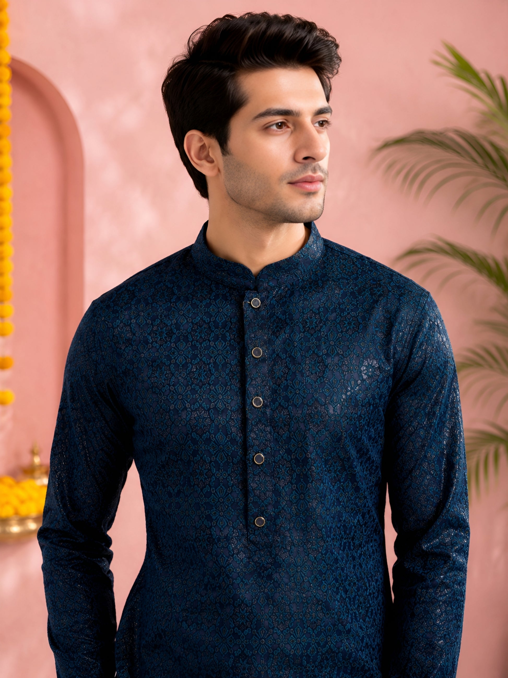 NAVY BLUE JACQUARD SILK MID-LENGTH KURTA