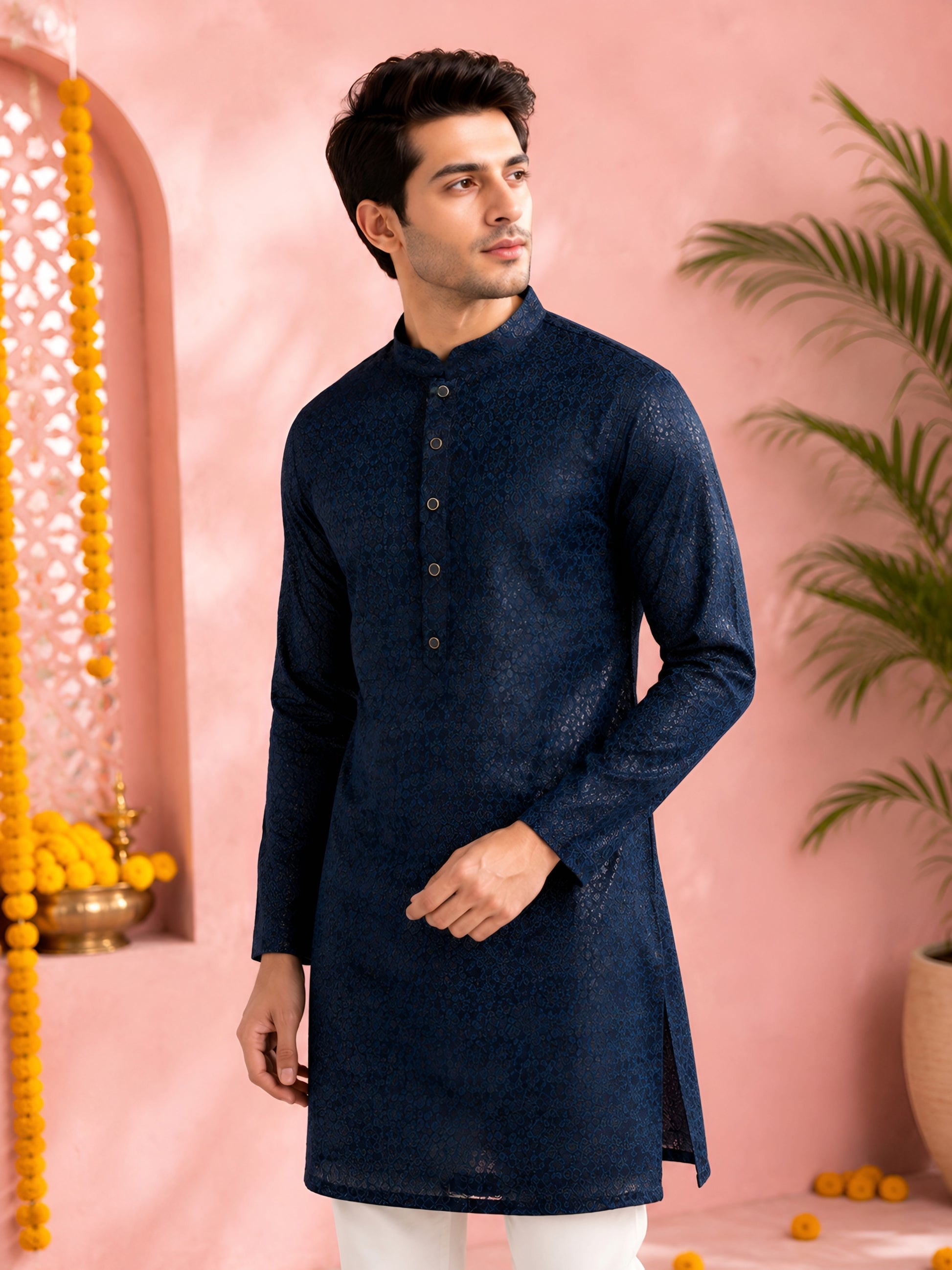 NAVY BLUE JACQUARD SILK MID-LENGTH KURTA