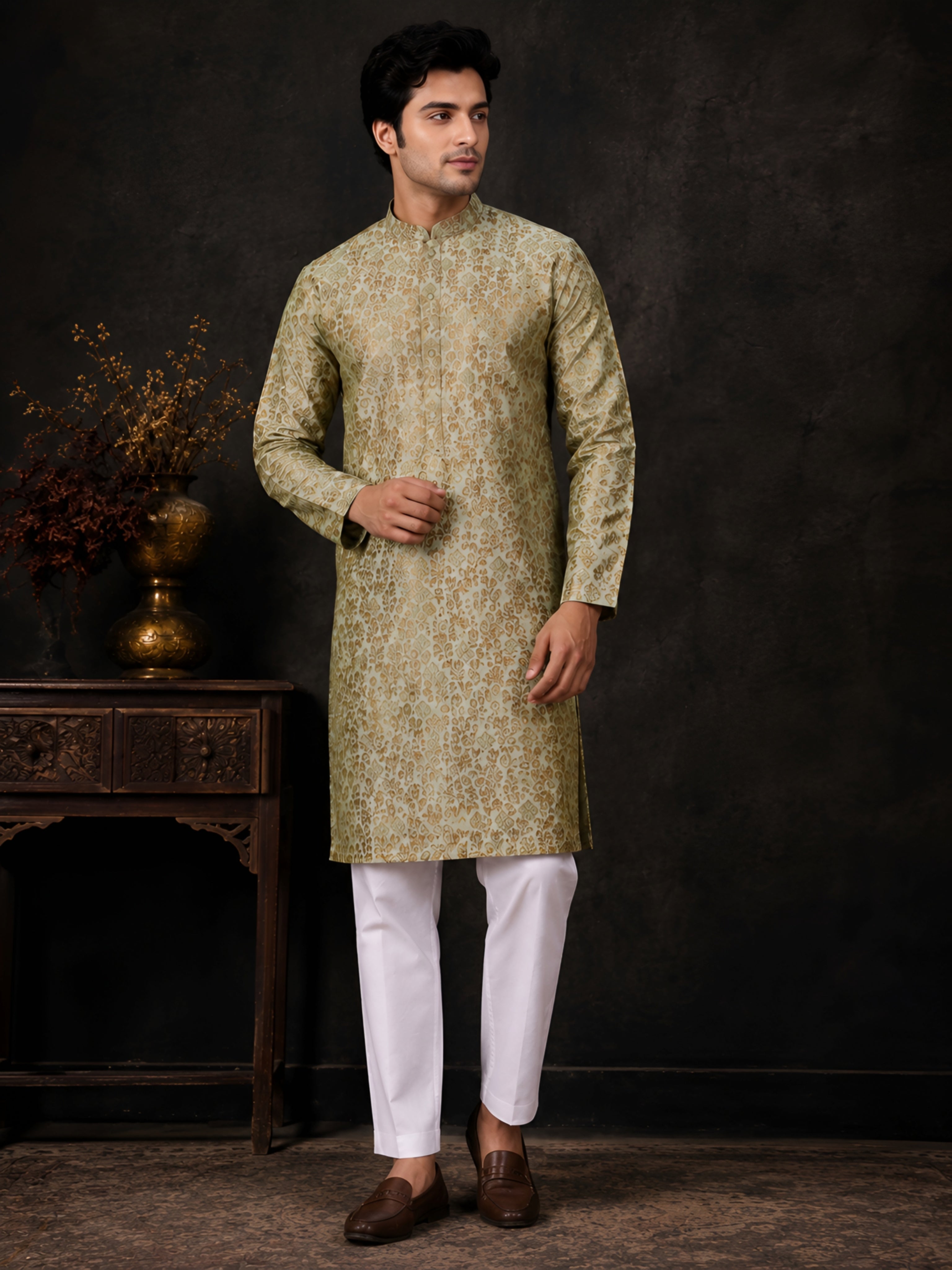 PISTA GREEN BROCADE SILK KURTA FOR MEN