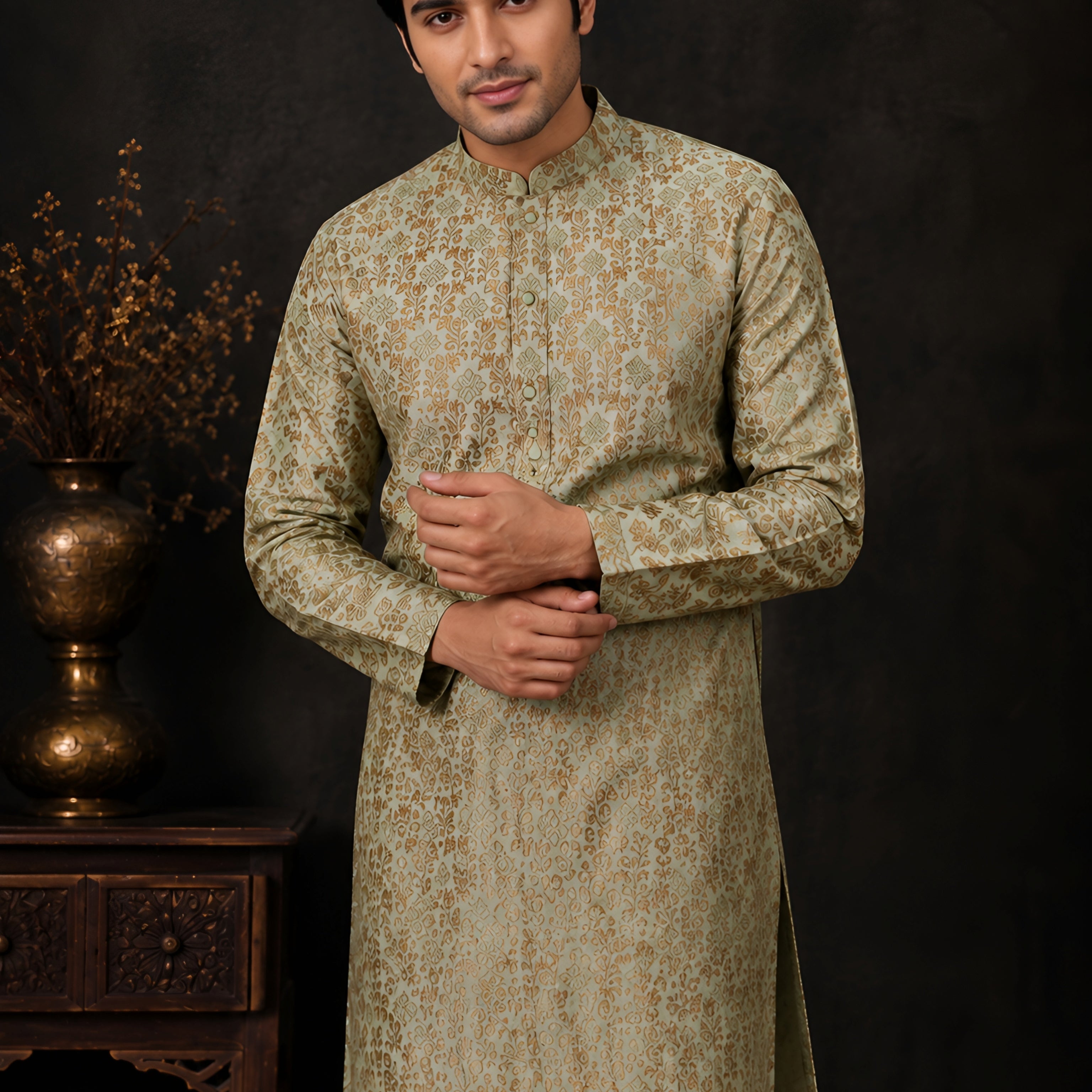 PISTA GREEN BROCADE SILK KURTA FOR MEN