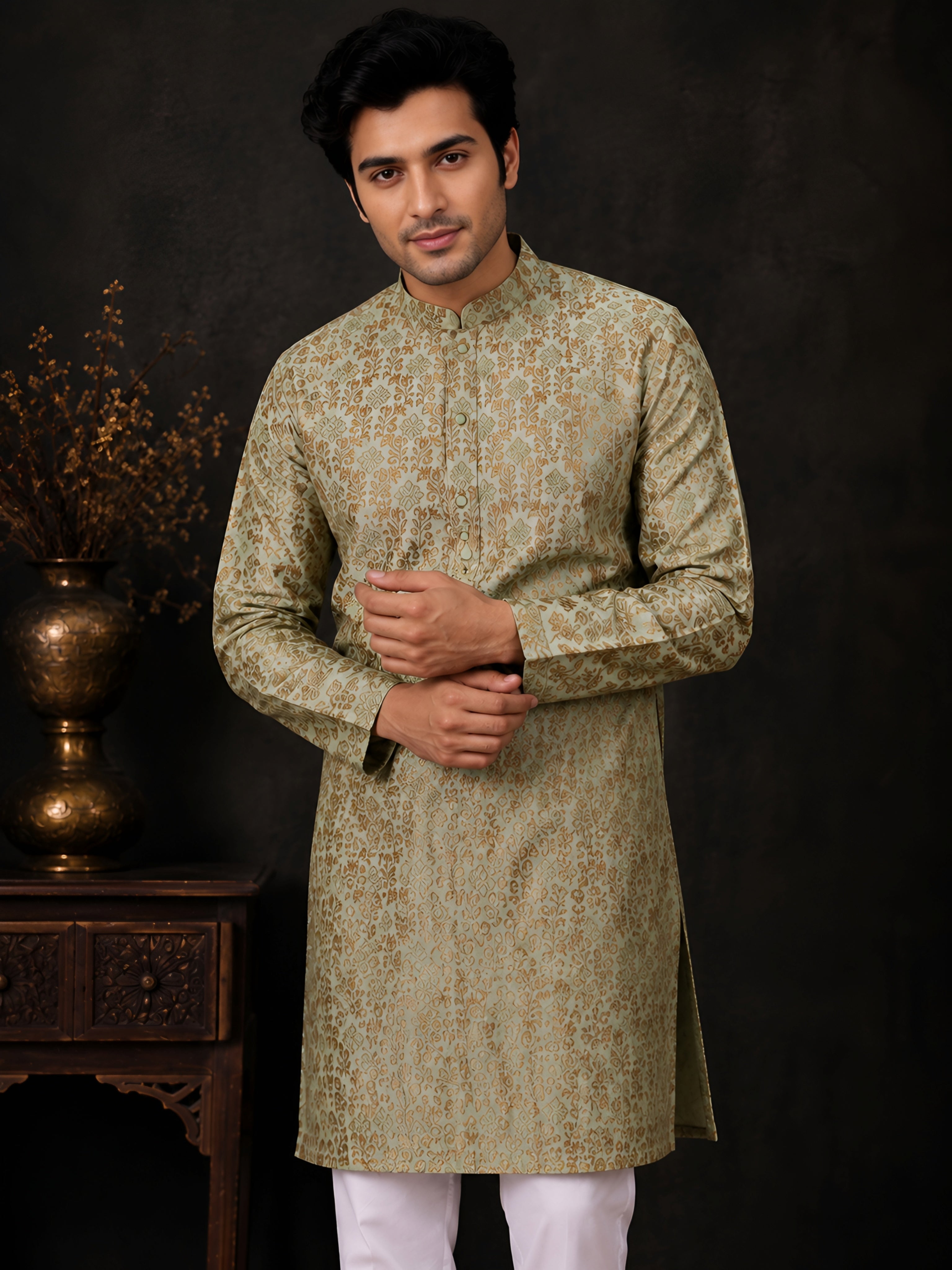 PISTA GREEN BROCADE SILK KURTA FOR MEN