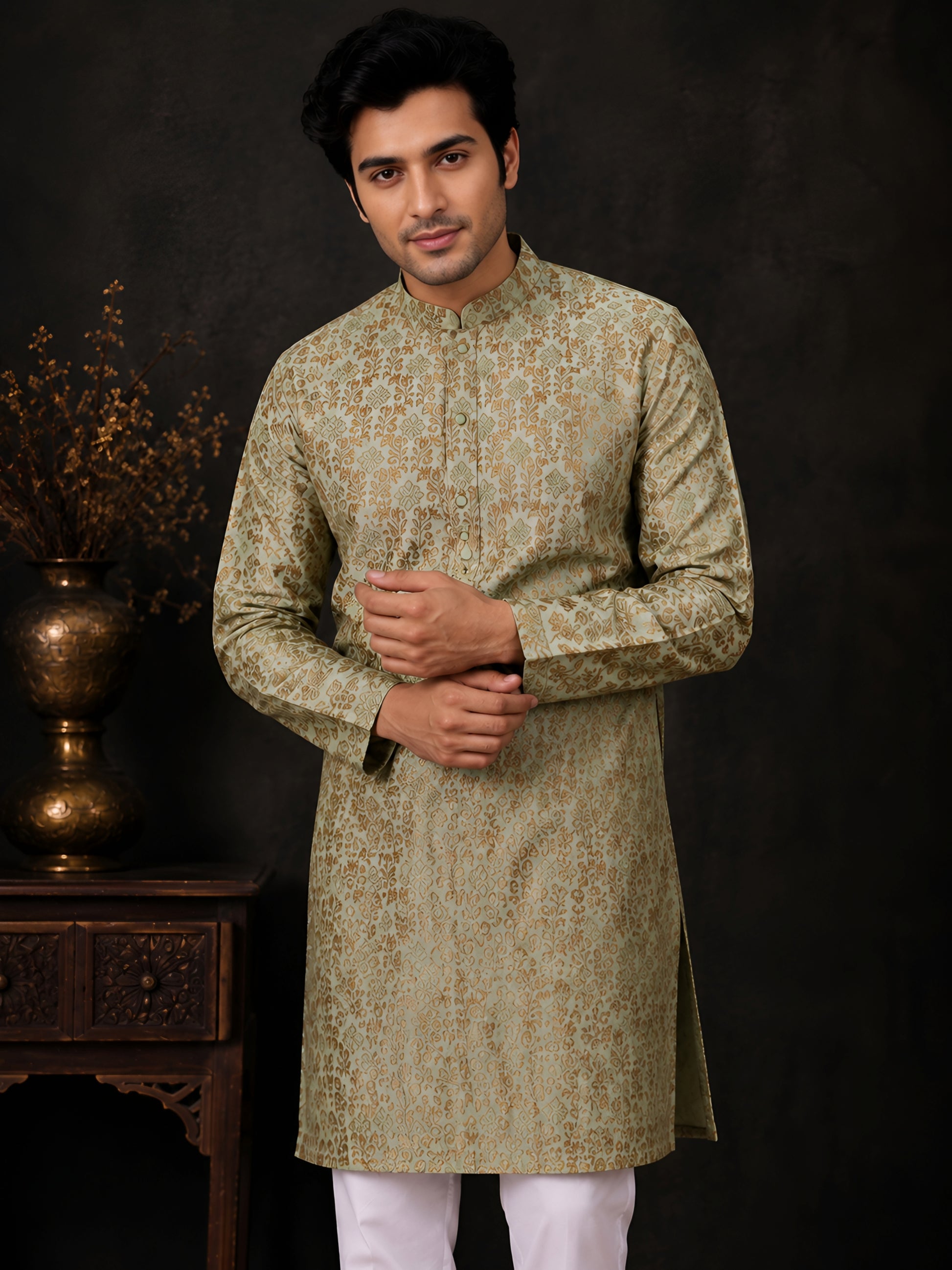 PISTA GREEN BROCADE SILK KURTA FOR MEN