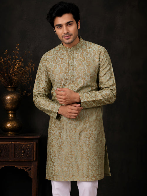 PISTA GREEN BROCADE SILK KURTA FOR MEN