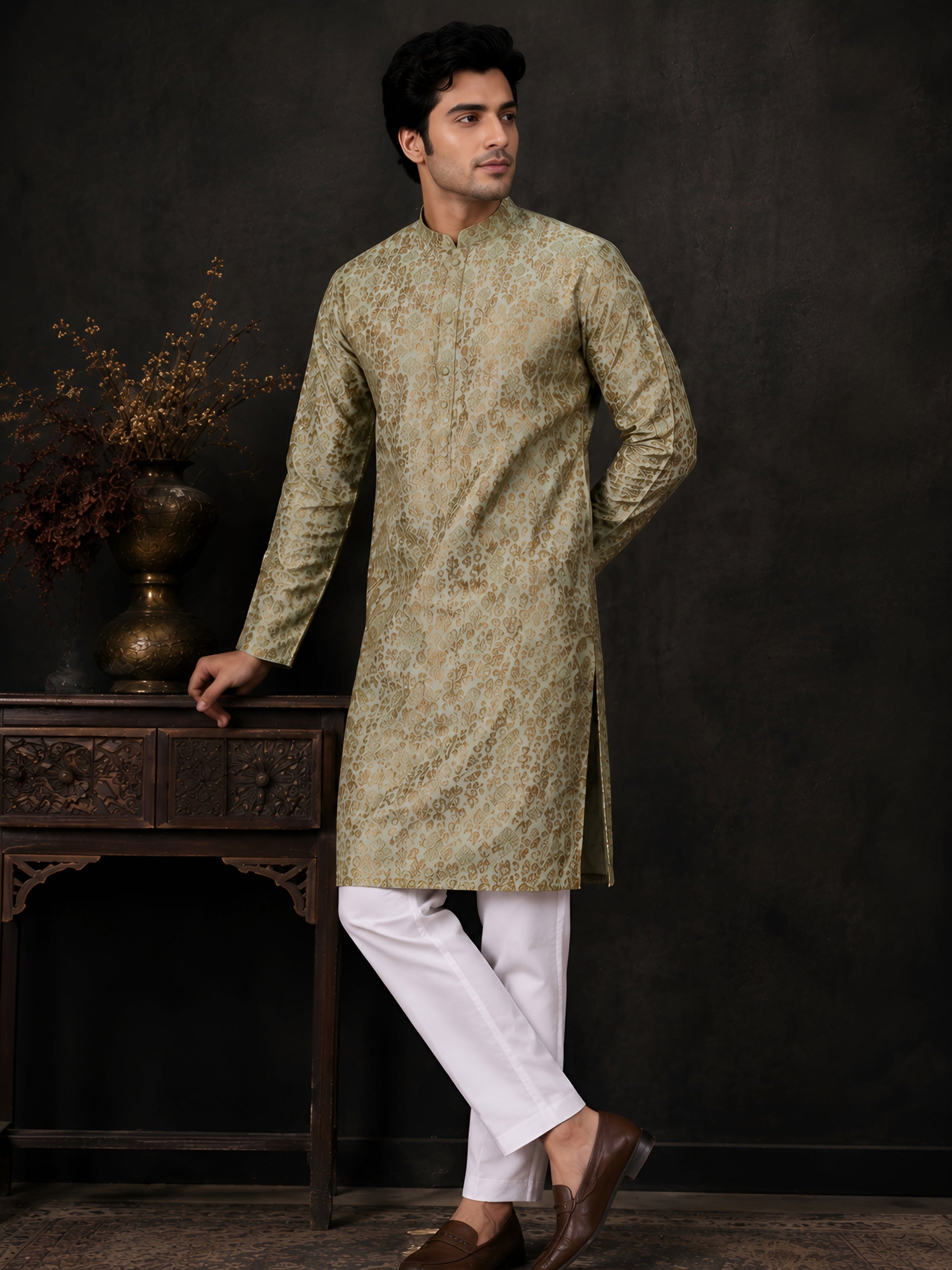 PISTA GREEN BROCADE SILK KURTA FOR MEN