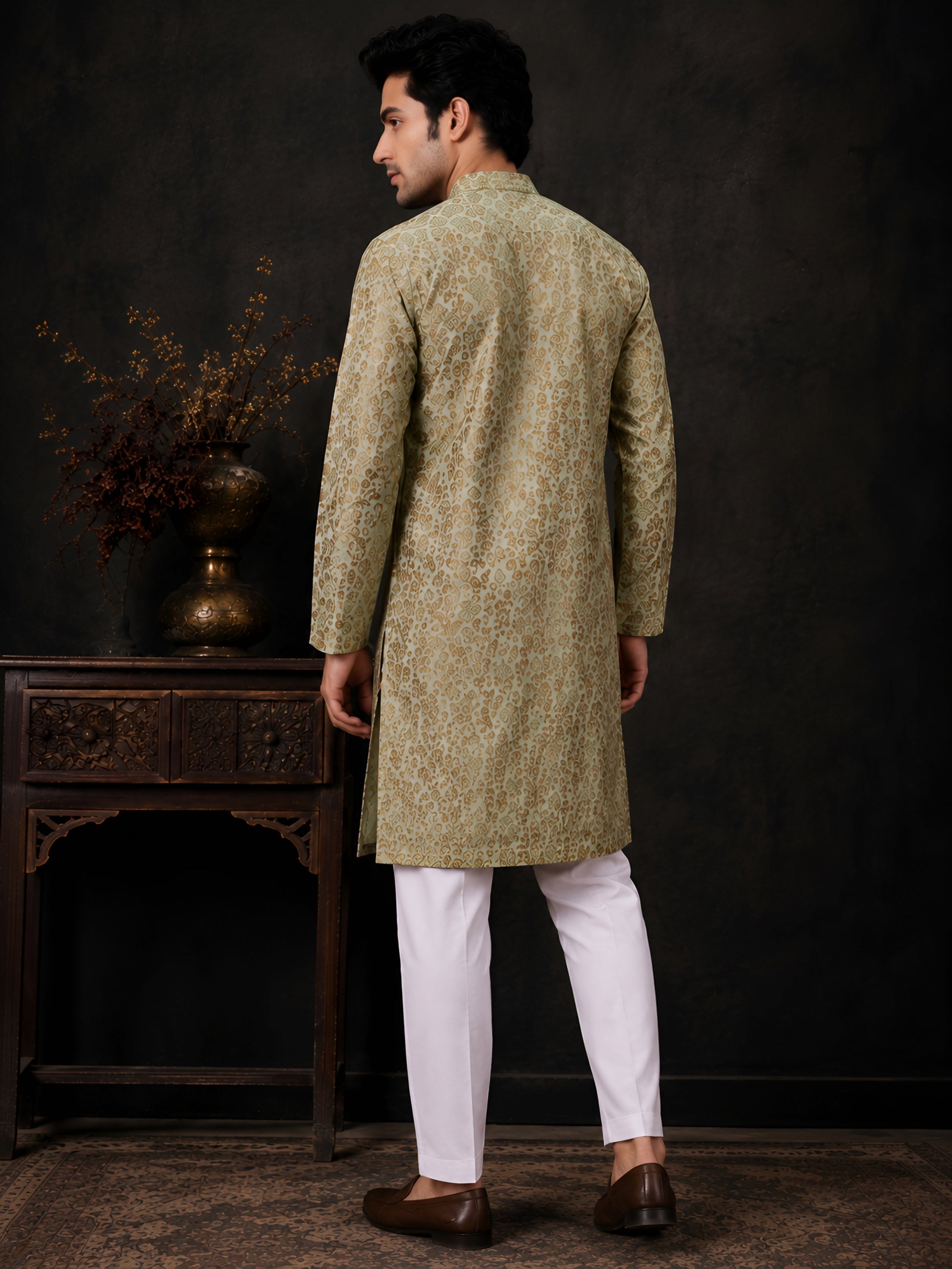 PISTA GREEN BROCADE SILK KURTA FOR MEN