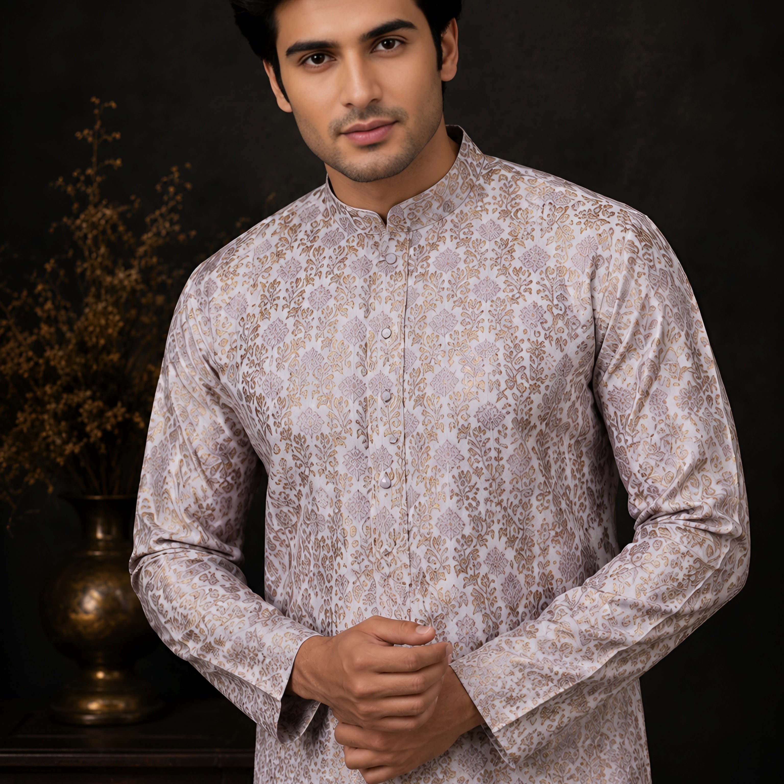 LILAC BROCADE SILK KURTA FOR MEN