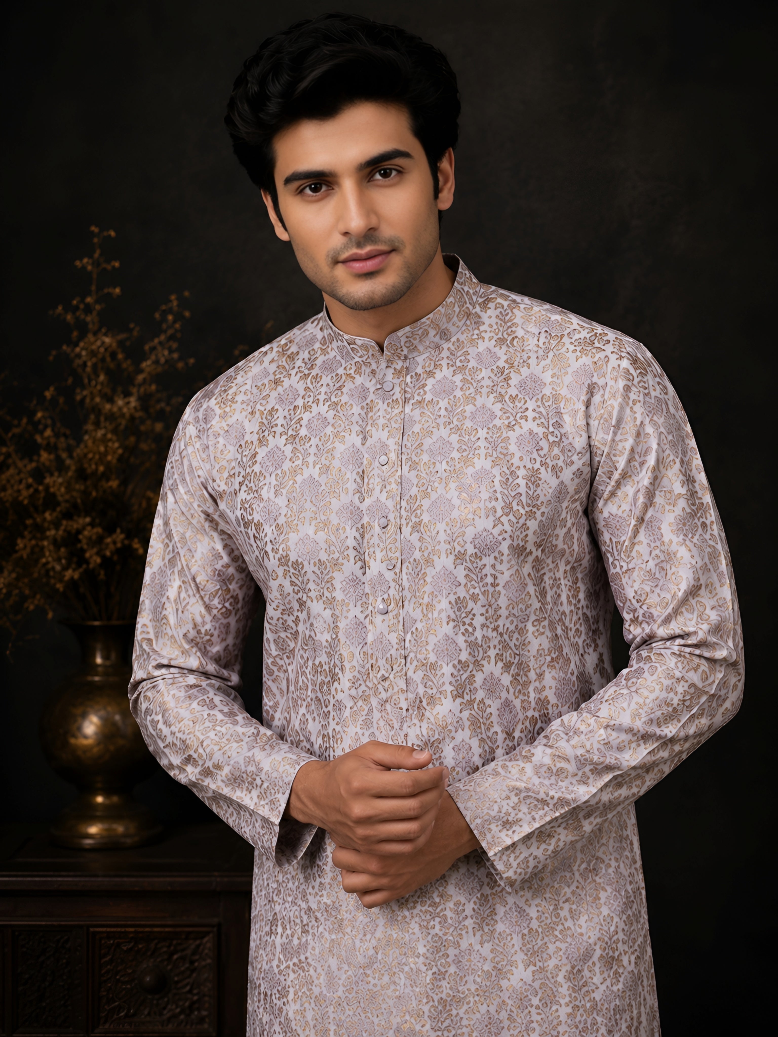 LILAC BROCADE SILK KURTA FOR MEN