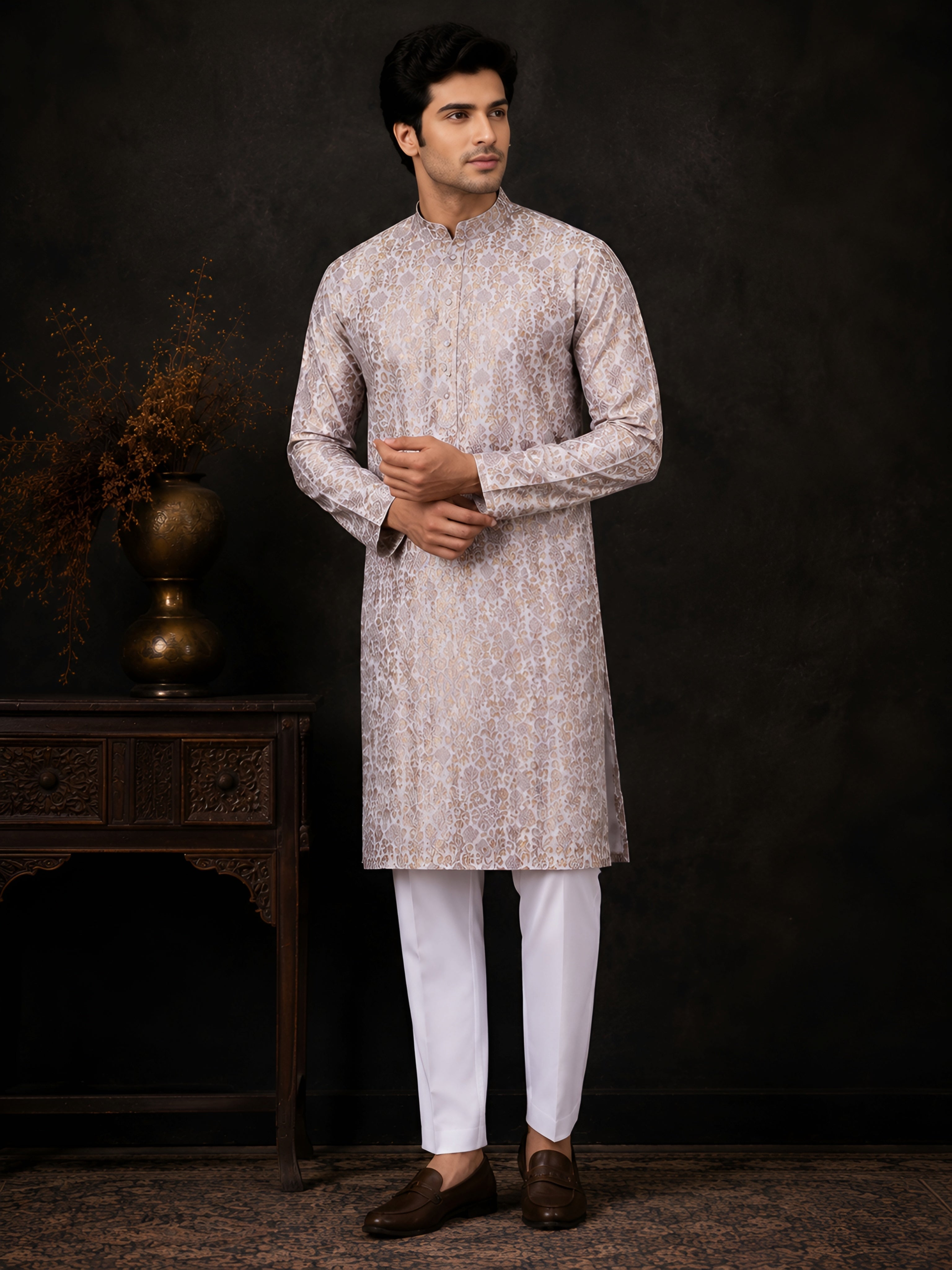 LILAC BROCADE SILK KURTA FOR MEN