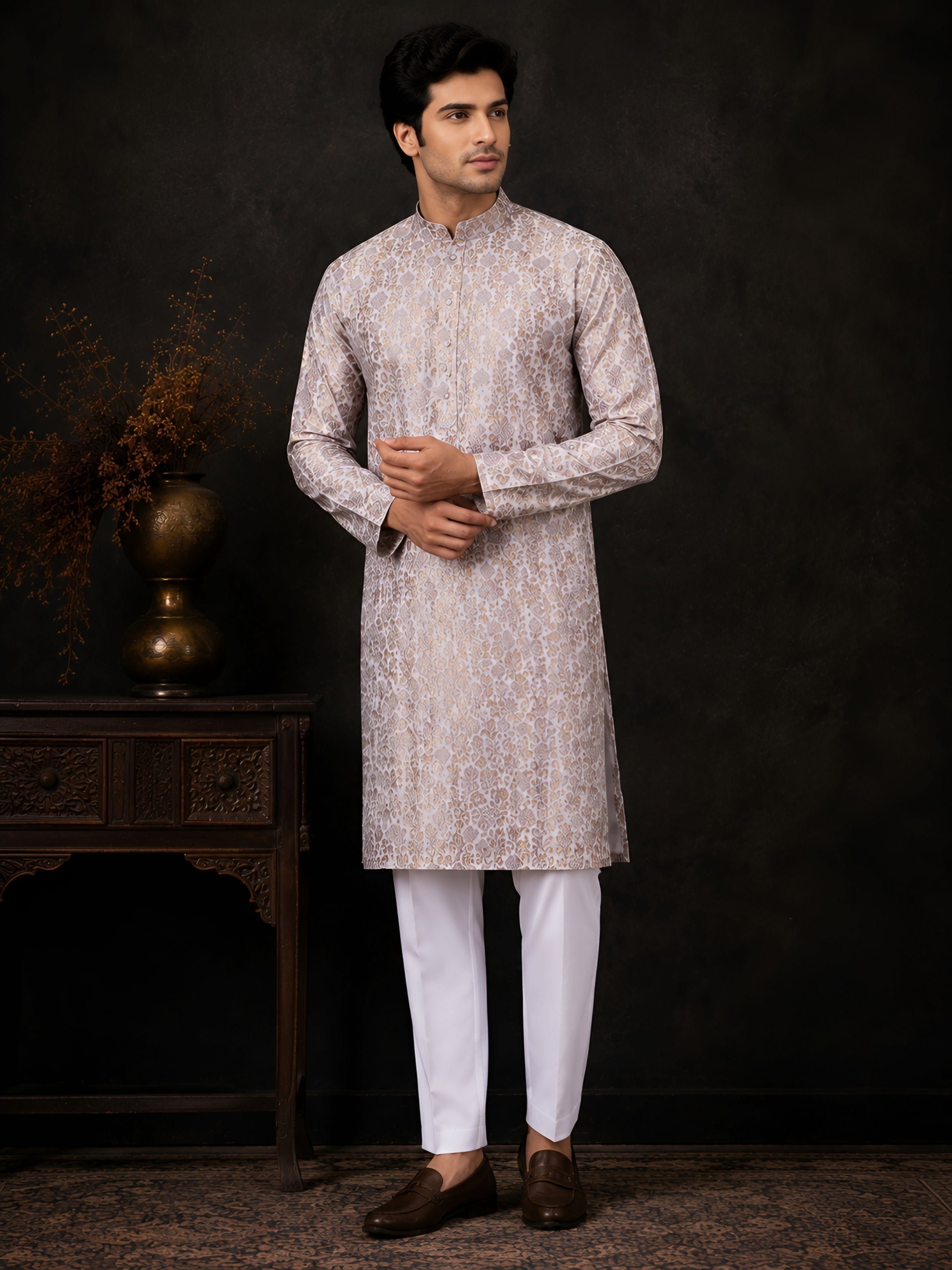LILAC BROCADE SILK KURTA FOR MEN
