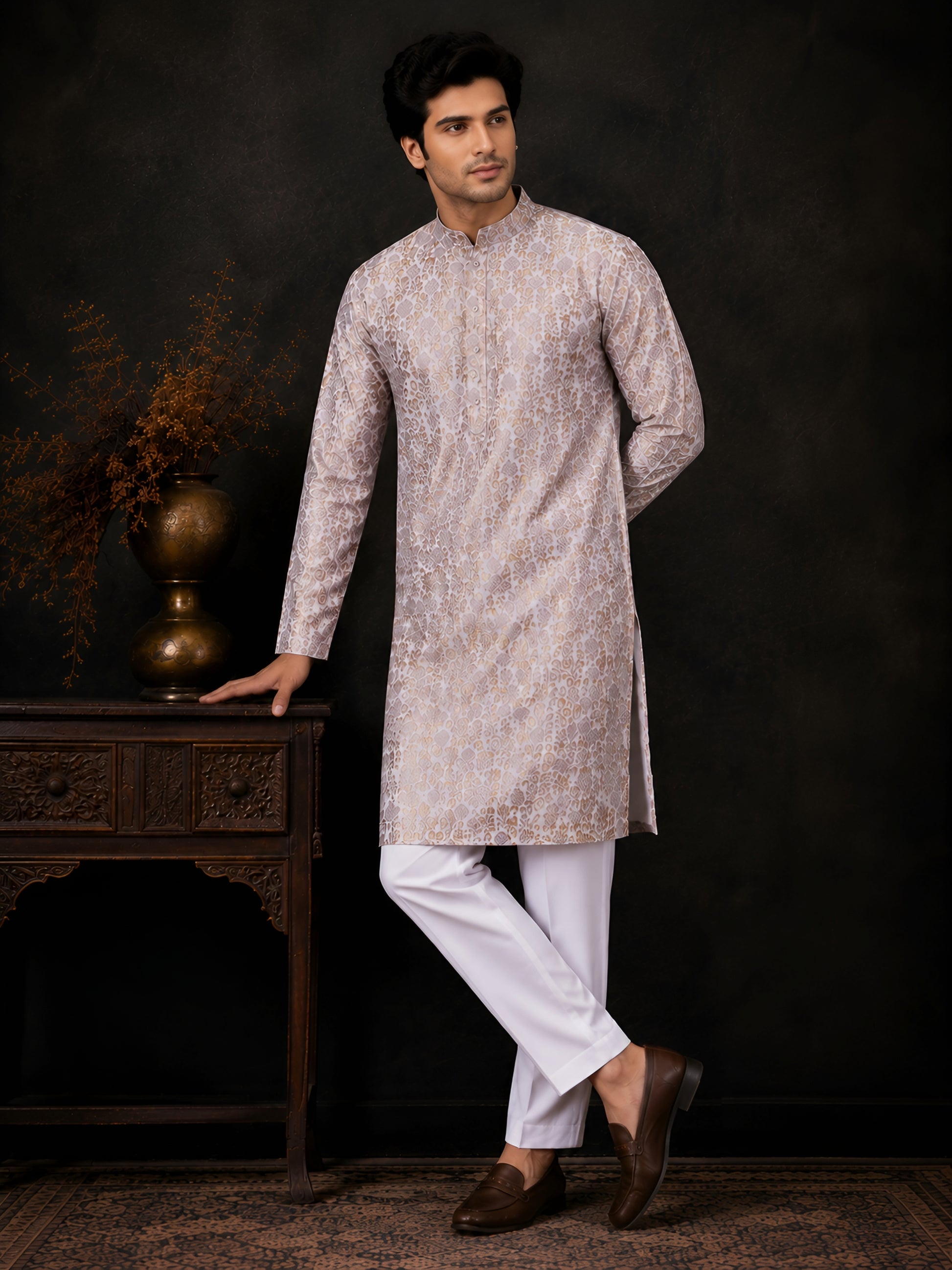 LILAC BROCADE SILK KURTA FOR MEN