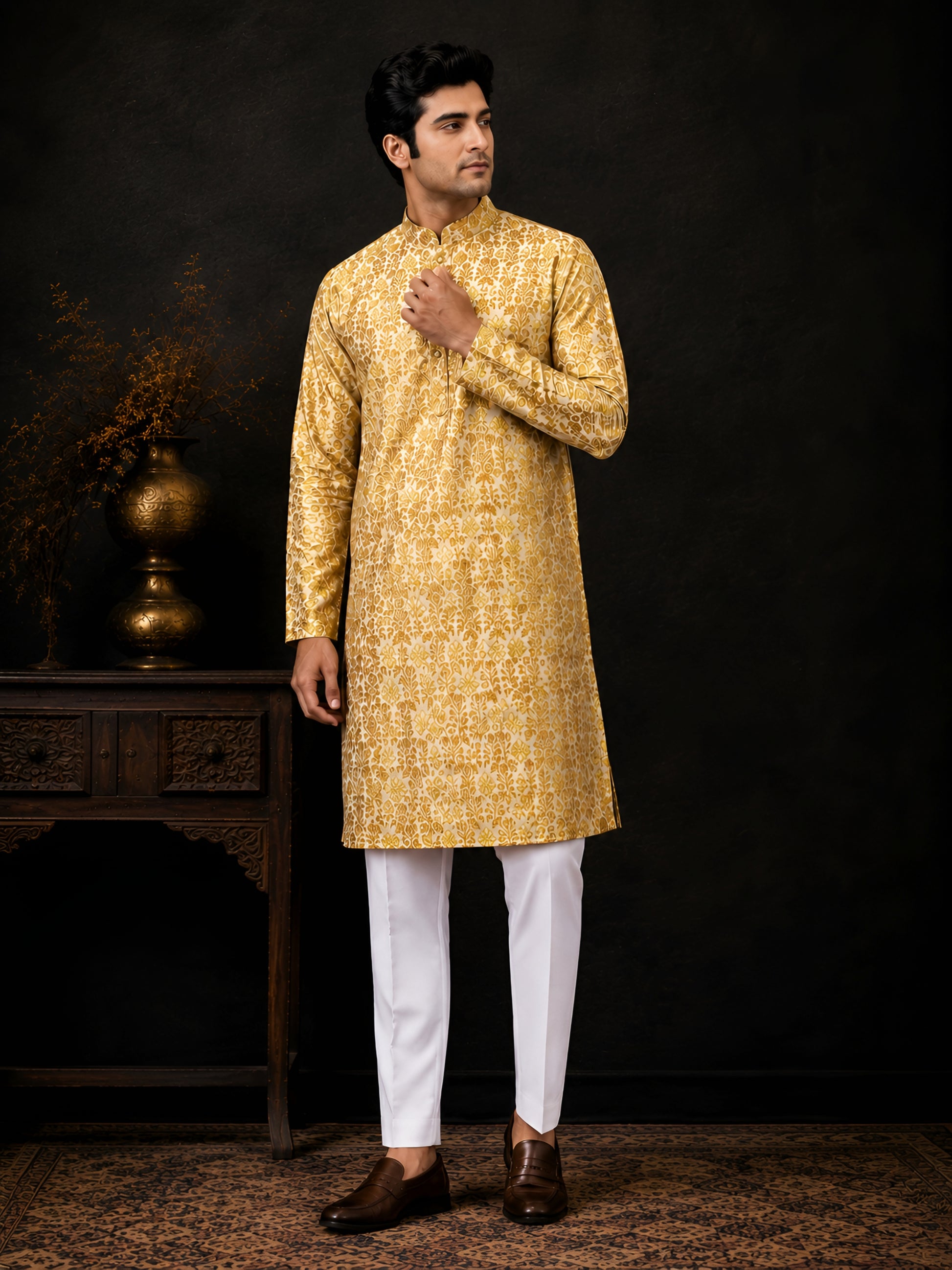 GOLDEN YELLOW BROCADE SILK KURTA FOR MEN
