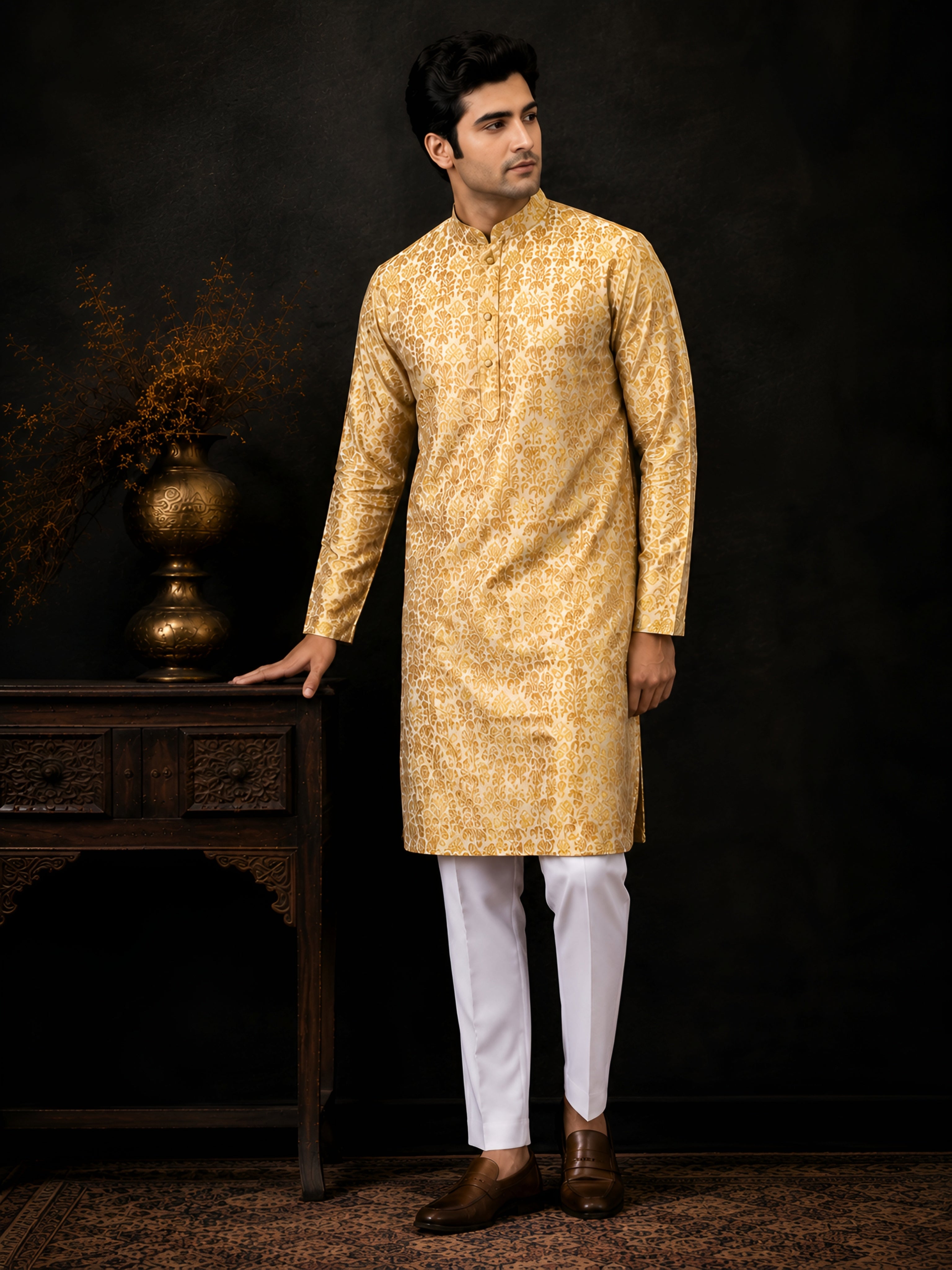 GOLDEN YELLOW BROCADE SILK KURTA FOR MEN