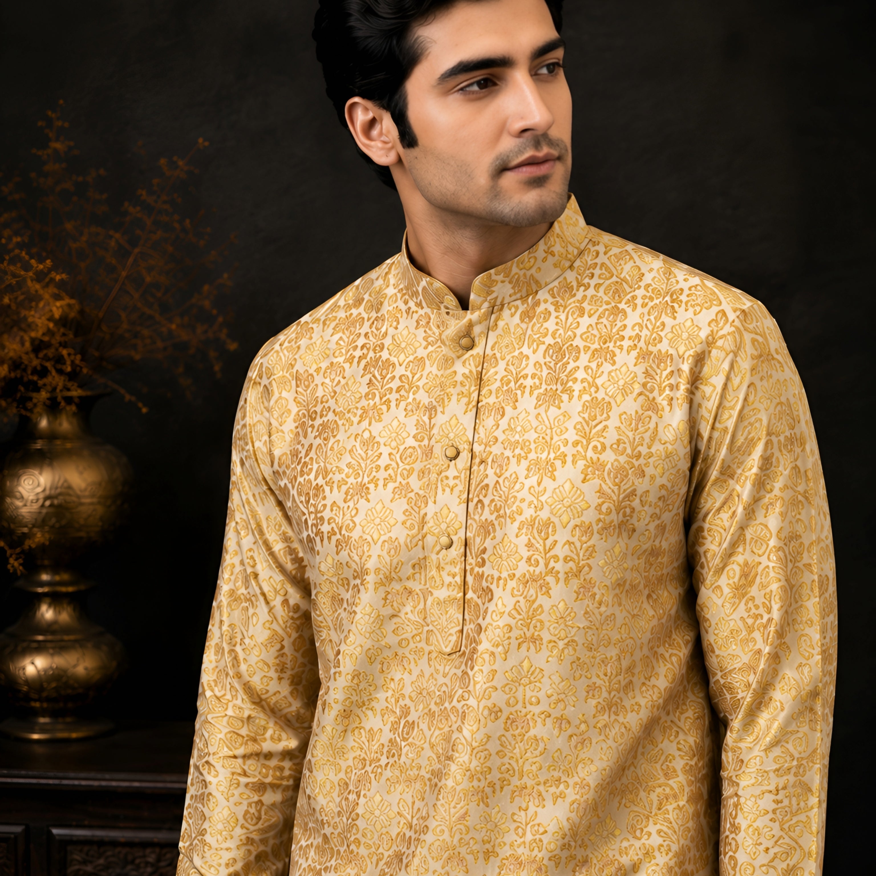 GOLDEN YELLOW BROCADE SILK KURTA FOR MEN
