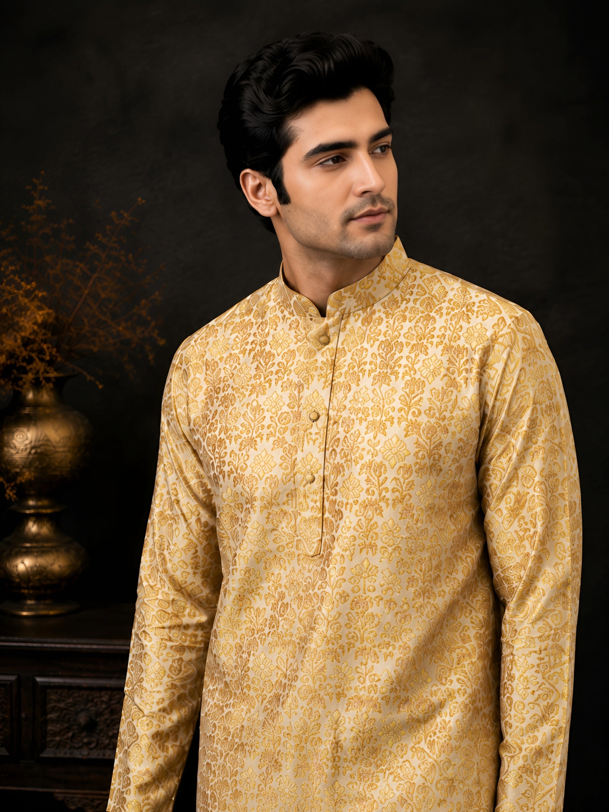GOLDEN YELLOW BROCADE SILK KURTA FOR MEN