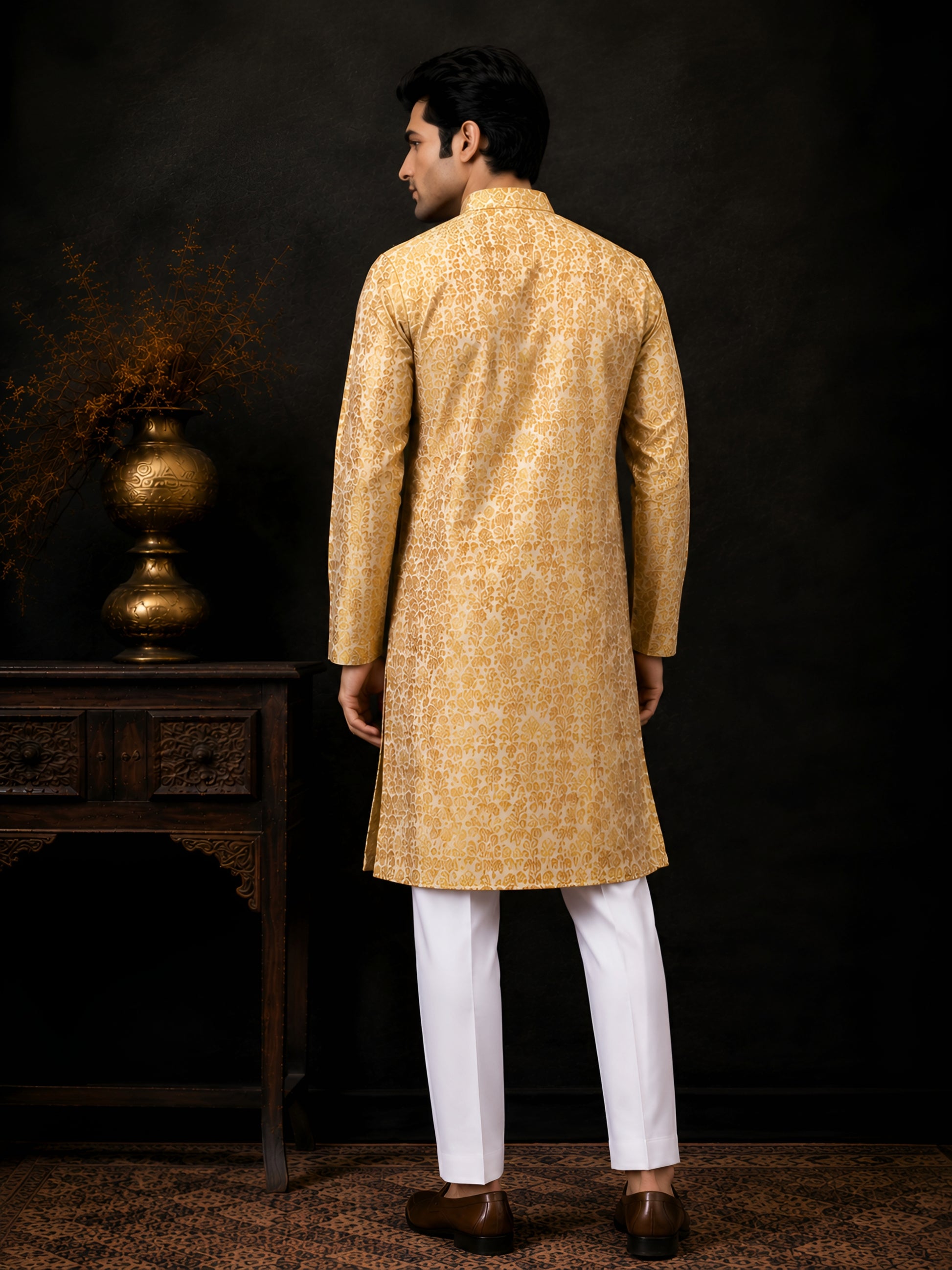 GOLDEN YELLOW BROCADE SILK KURTA FOR MEN