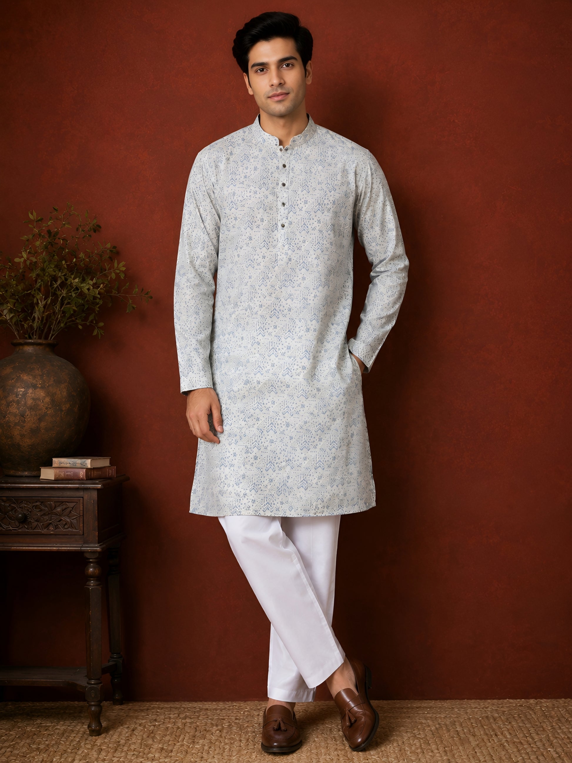 STEEL GREY FLORAL PRINTED SILK MID-LENGTH KURTA