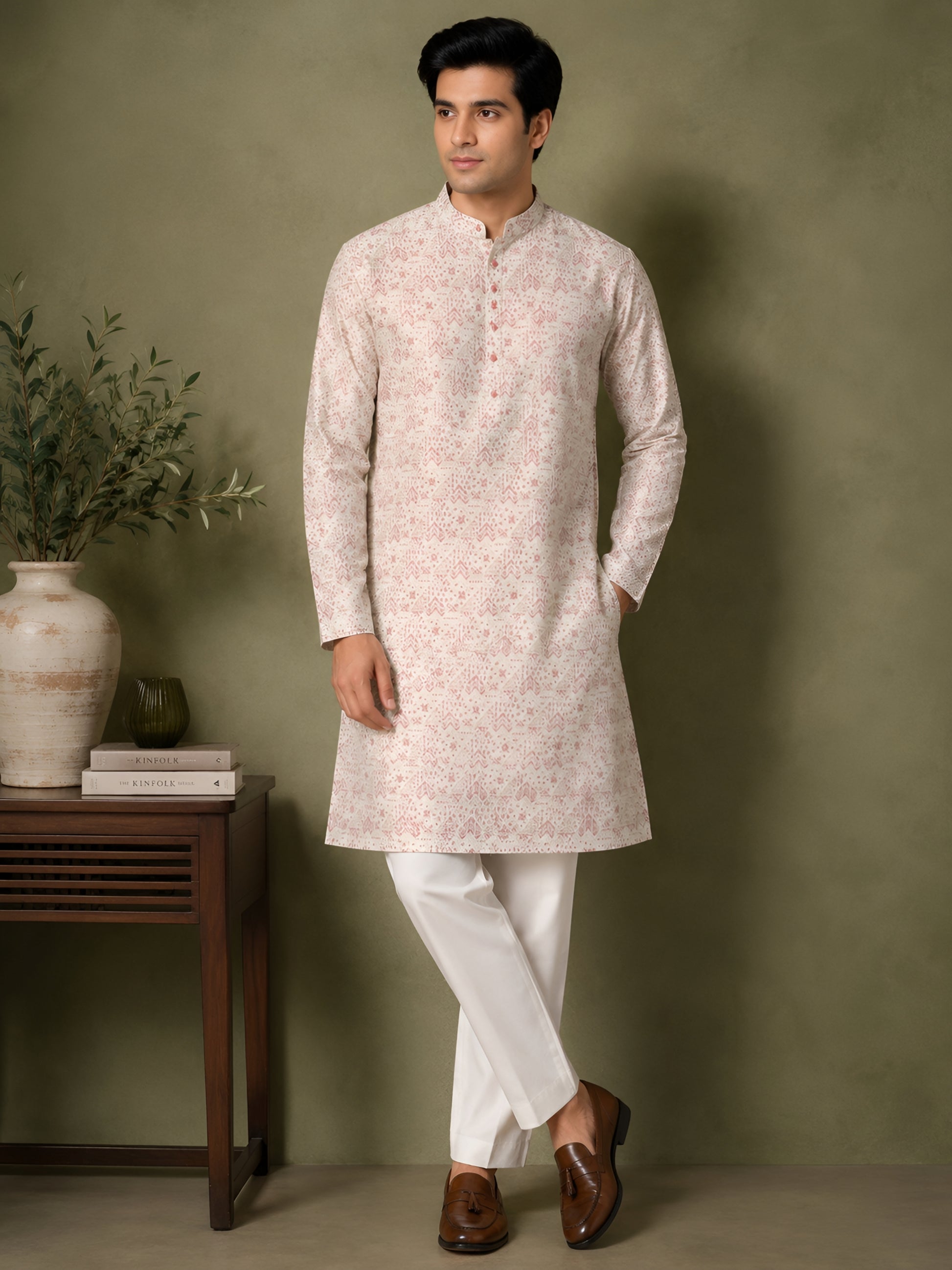 ONION PINK FLORAL PRINTED SILK MID-LENGTH KURTA