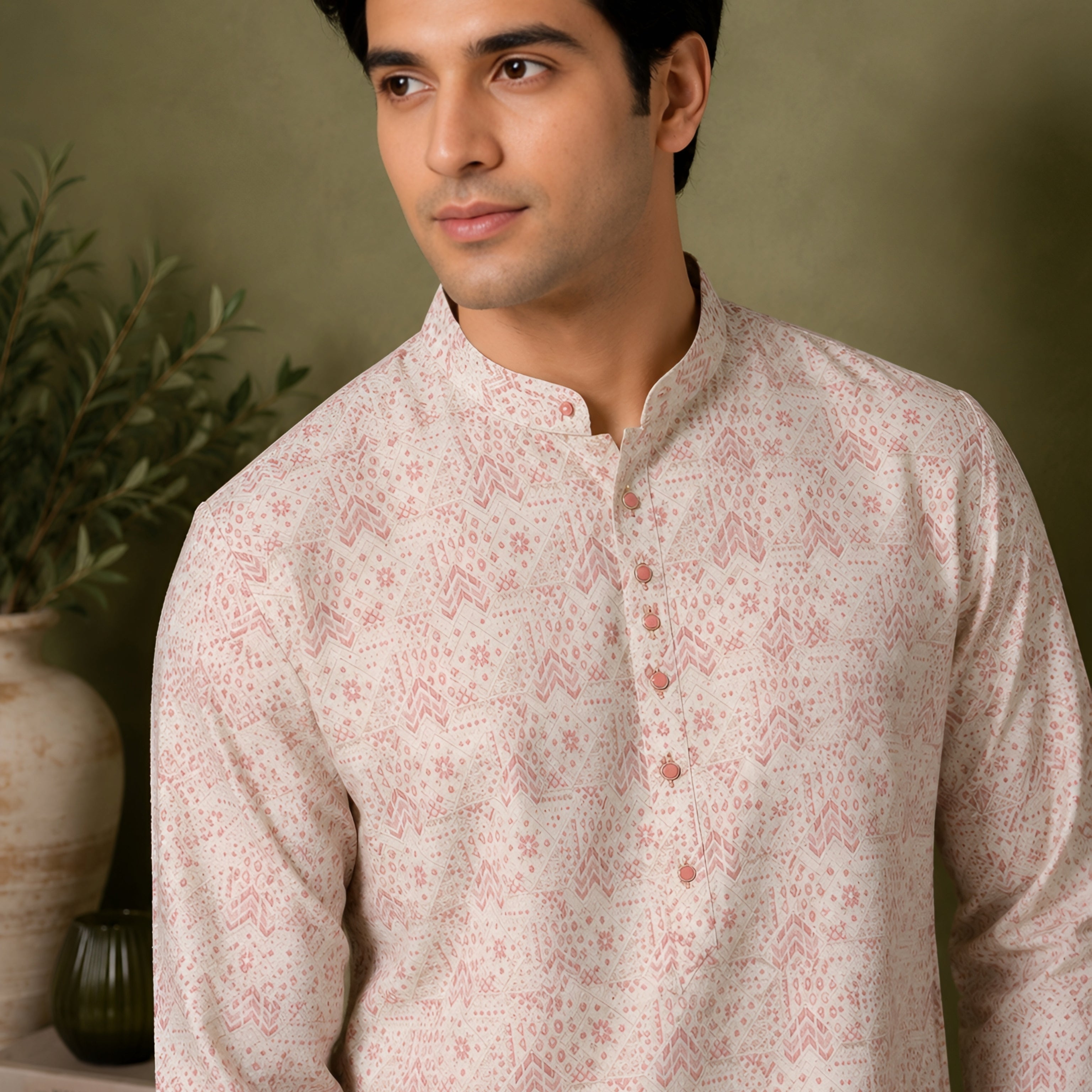 ONION PINK FLORAL PRINTED SILK MID-LENGTH KURTA