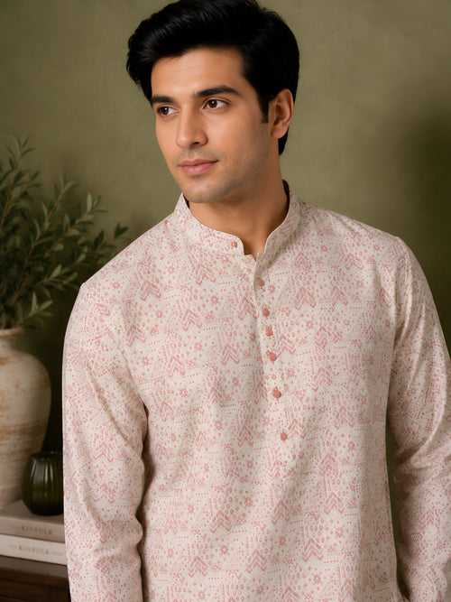 ONION PINK FLORAL PRINTED SILK MID-LENGTH KURTA
