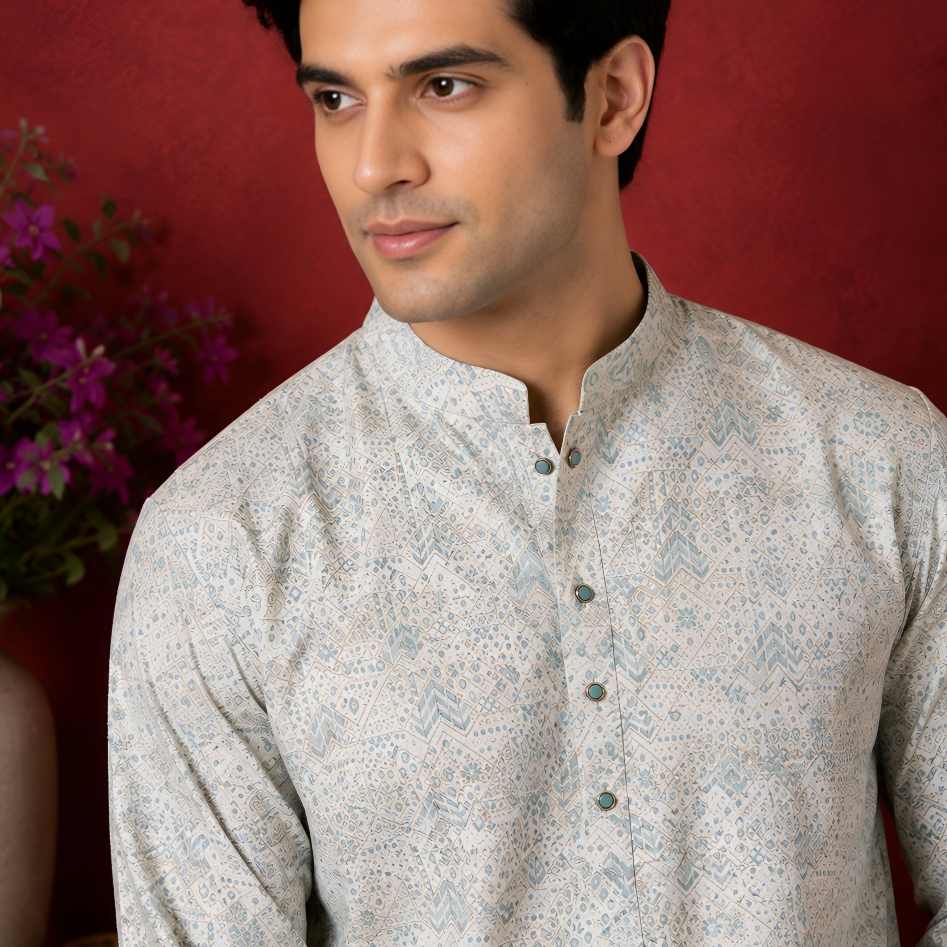 SEA GREEN FLORAL PRINTED SILK MID-LENGTH KURTA