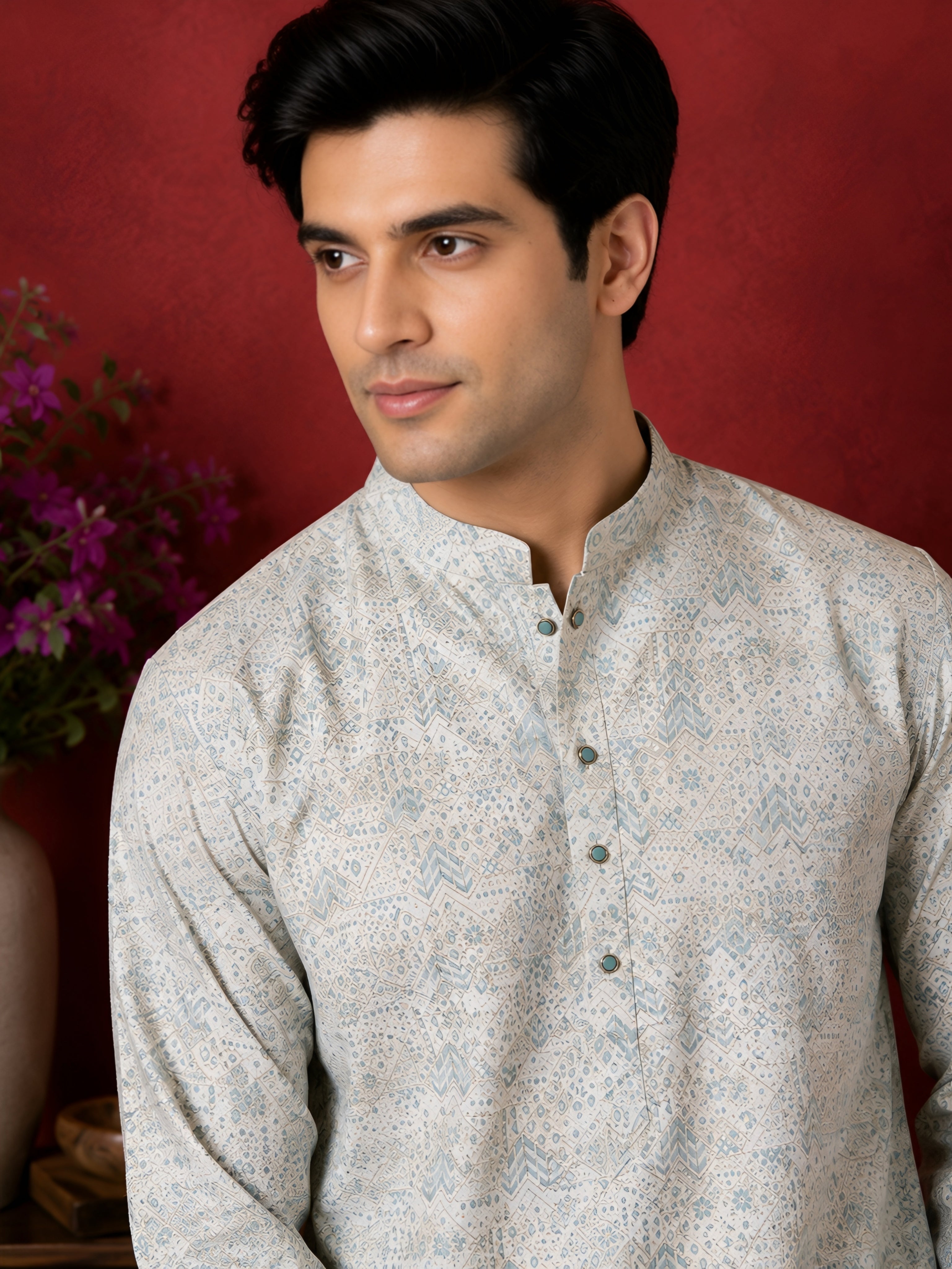 SEA GREEN FLORAL PRINTED SILK MID-LENGTH KURTA