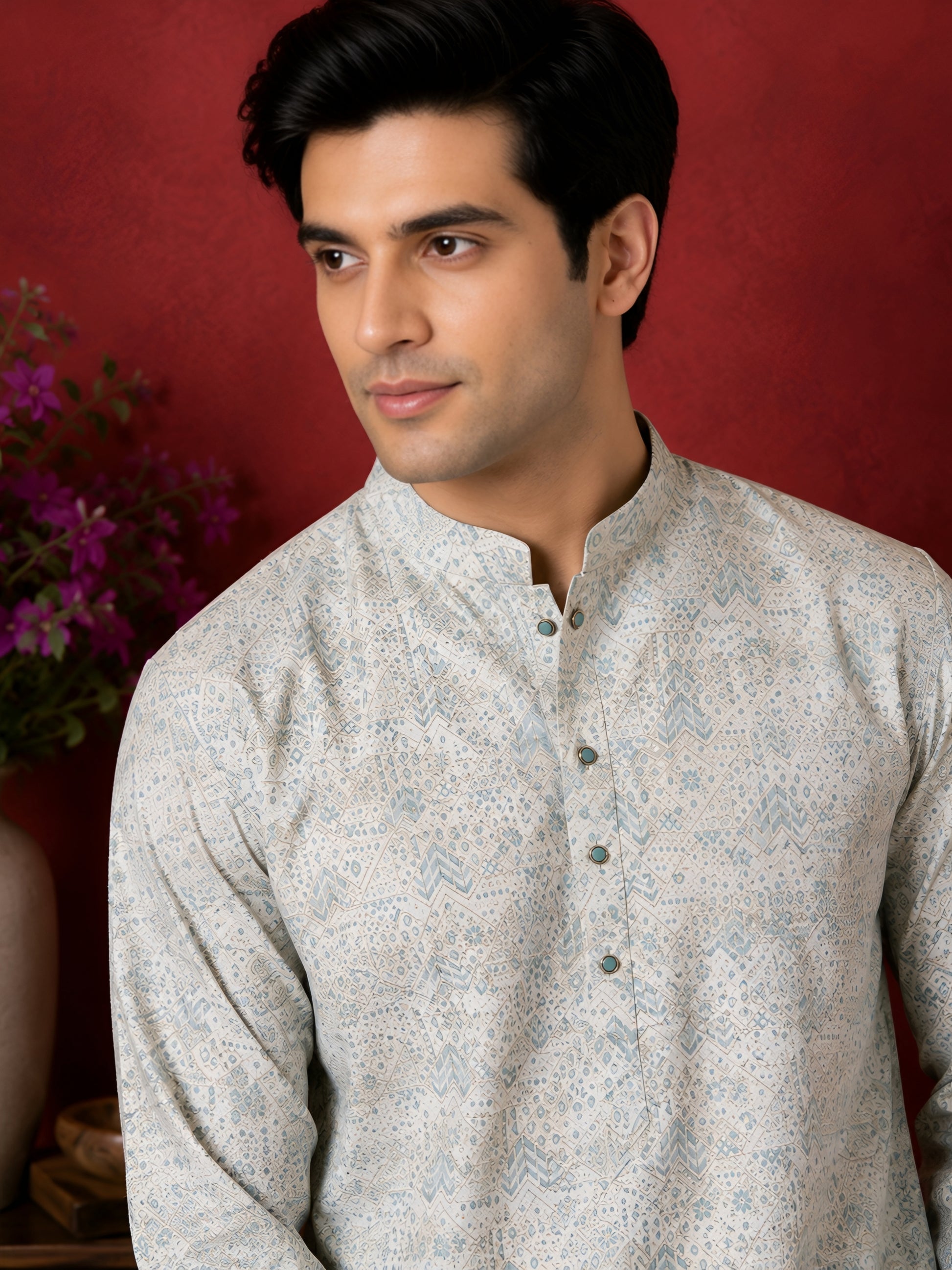 SEA GREEN FLORAL PRINTED SILK MID-LENGTH KURTA