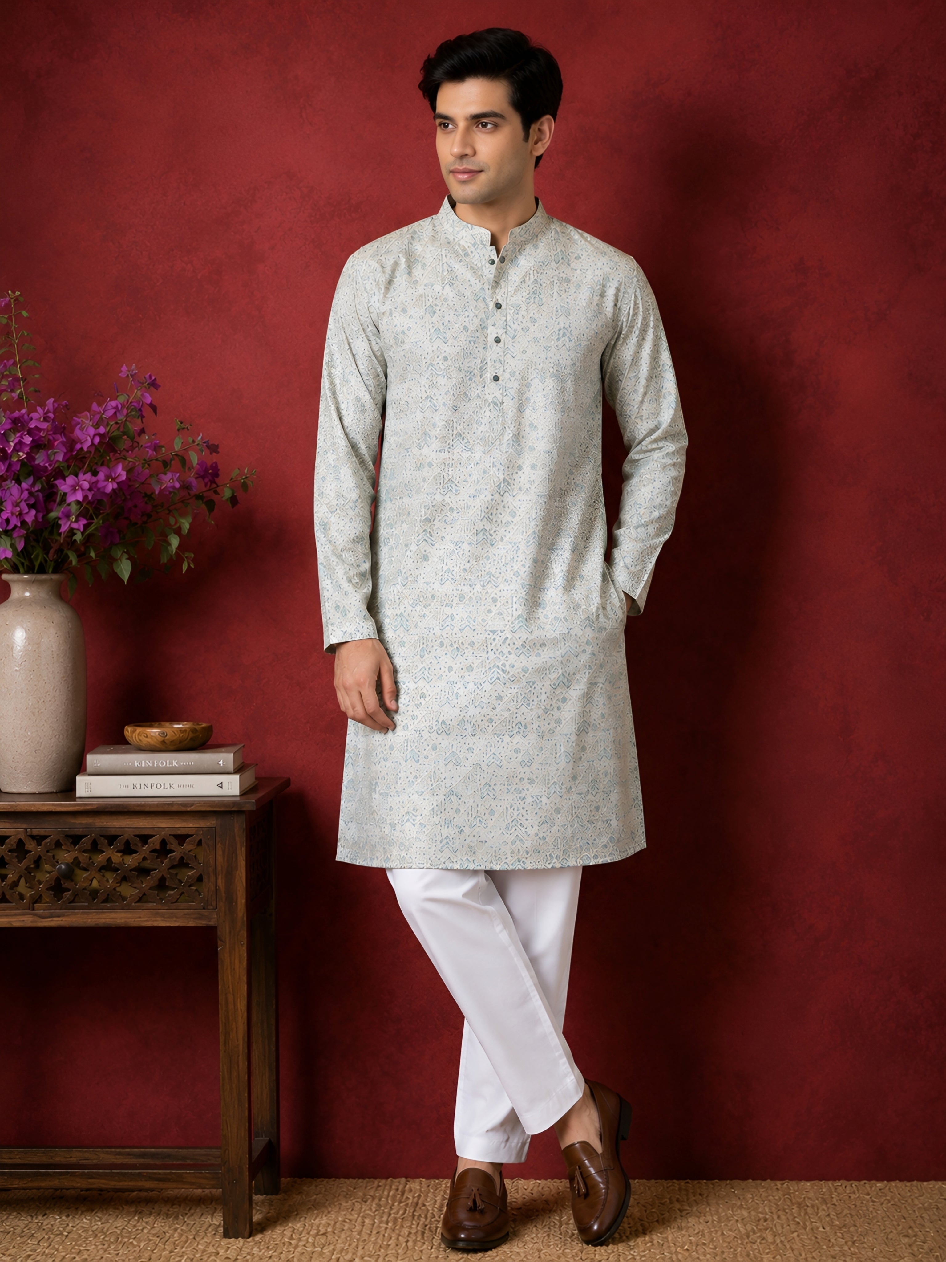 SEA GREEN FLORAL PRINTED SILK MID-LENGTH KURTA