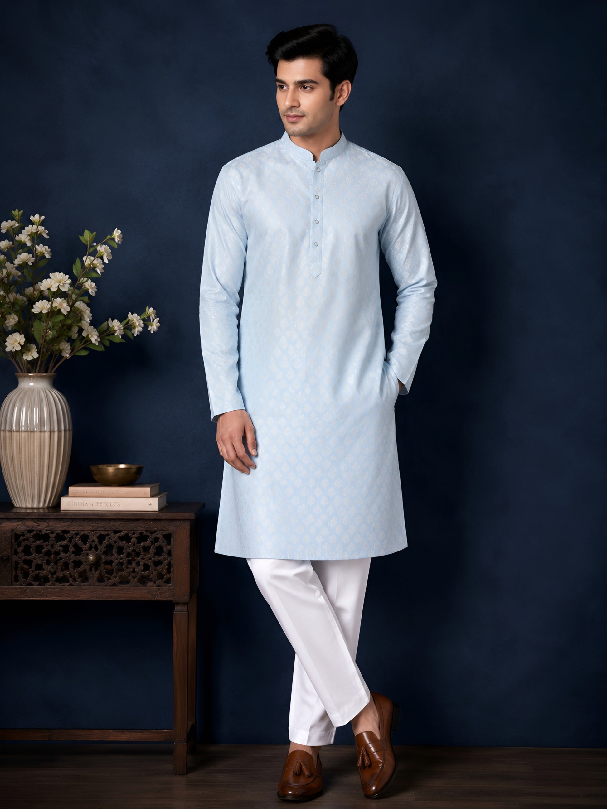 SKY BLUE SELF-PRINT SILK MID-LENGTH KURTA