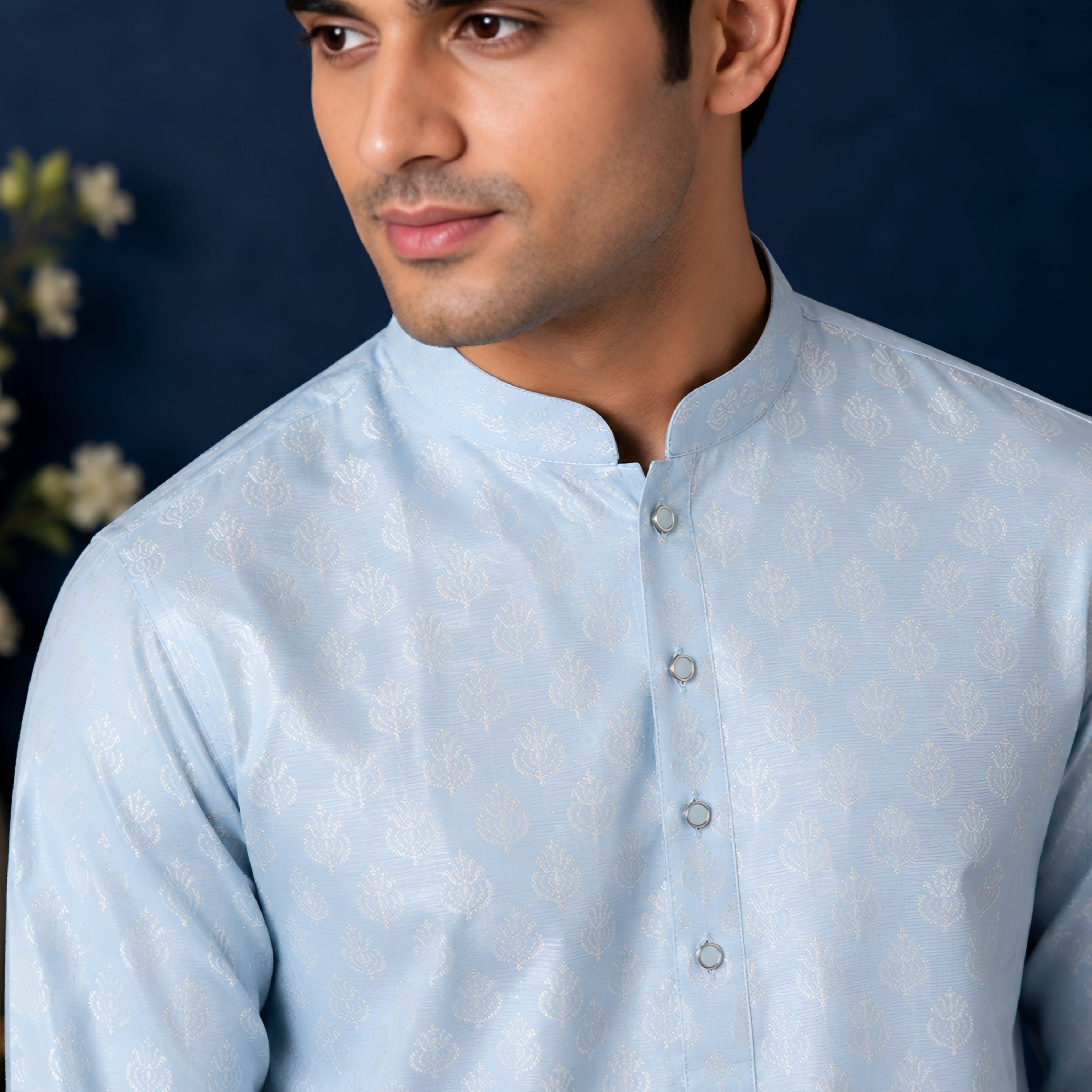 SKY BLUE SELF-PRINT SILK MID-LENGTH KURTA