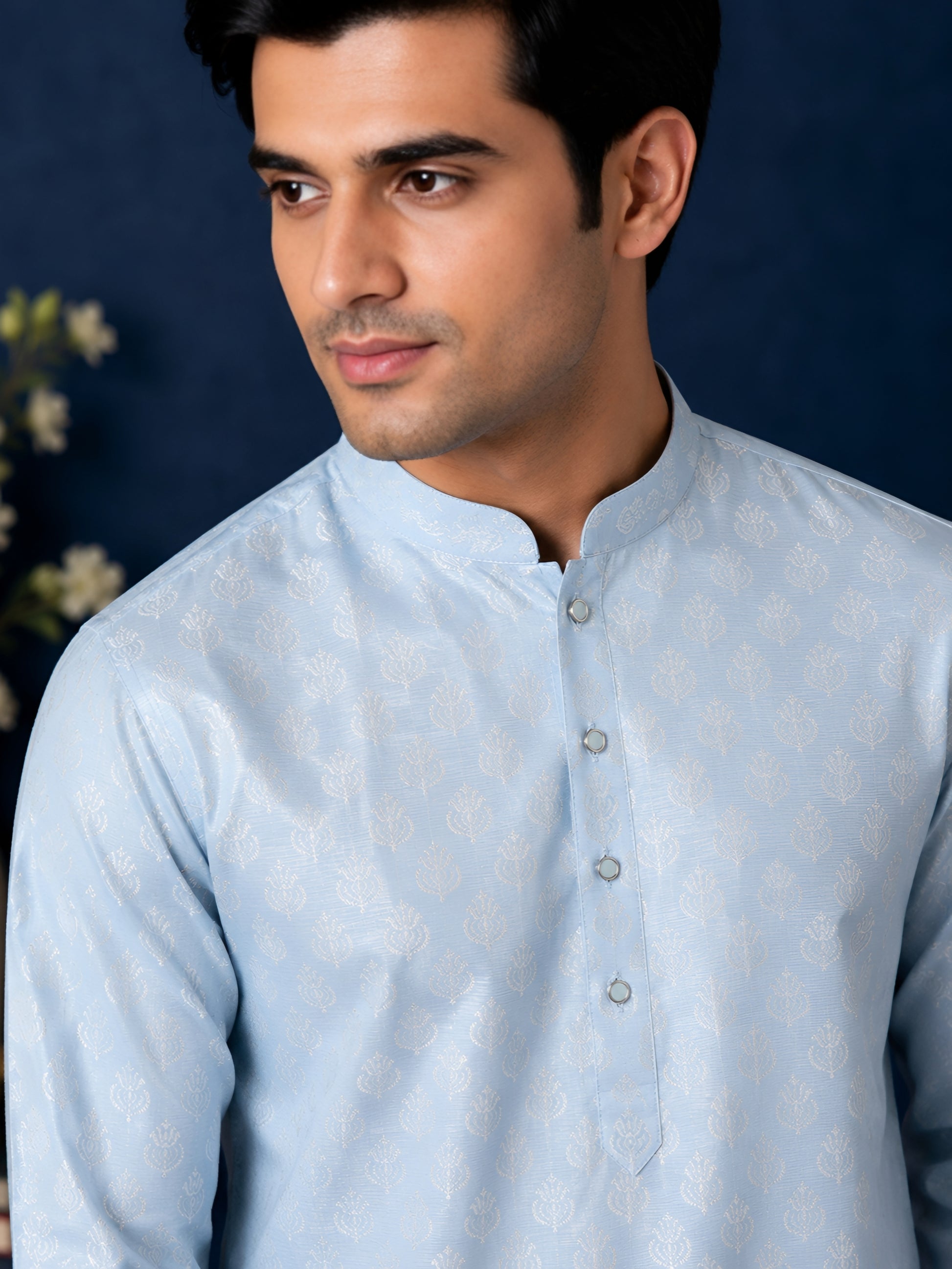 SKY BLUE SELF-PRINT SILK MID-LENGTH KURTA