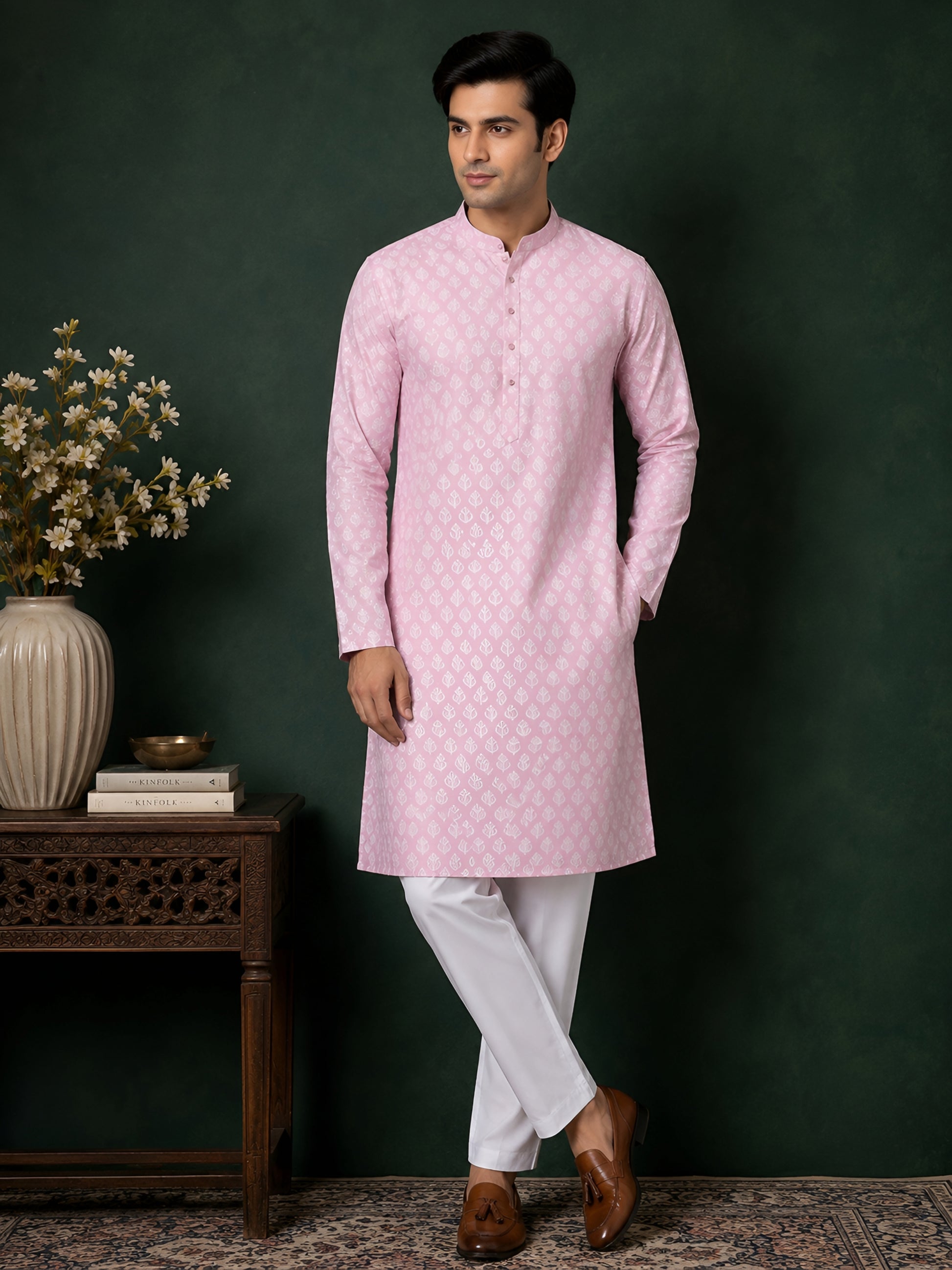 PINK SELF-PRINT SILK MID-LENGTH KURTA