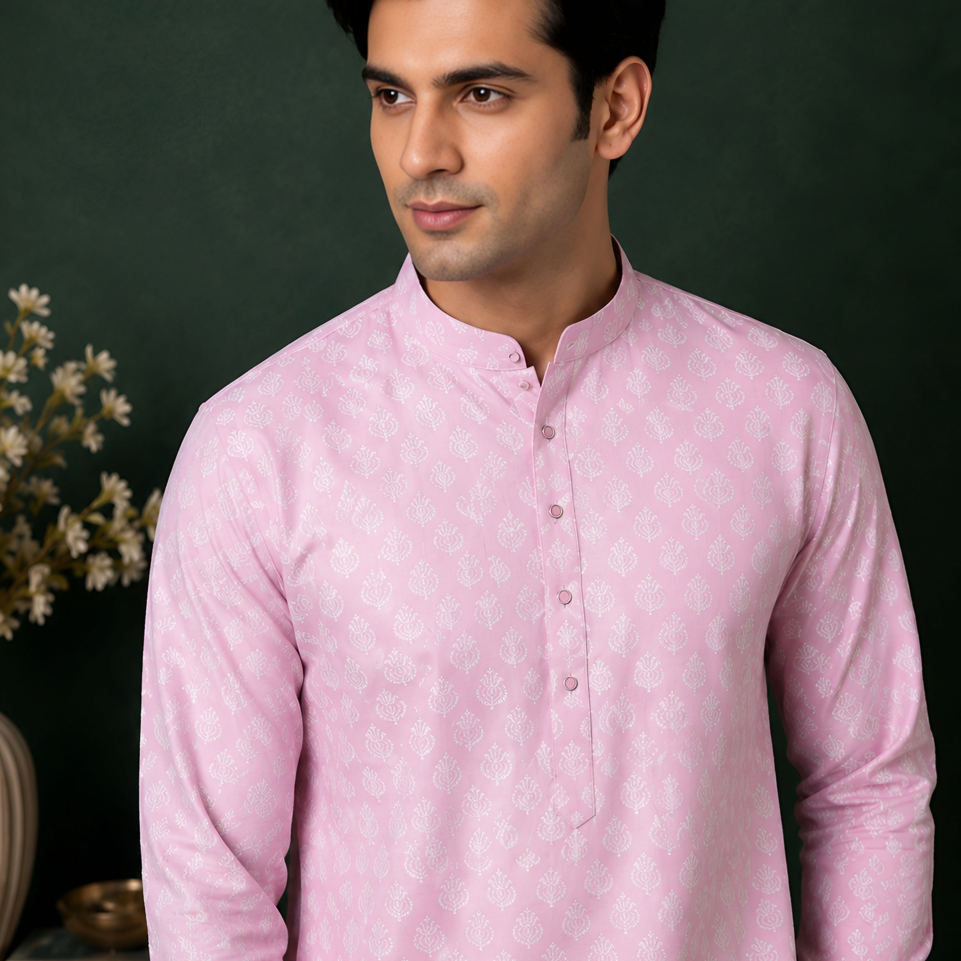 PINK SELF-PRINT SILK MID-LENGTH KURTA
